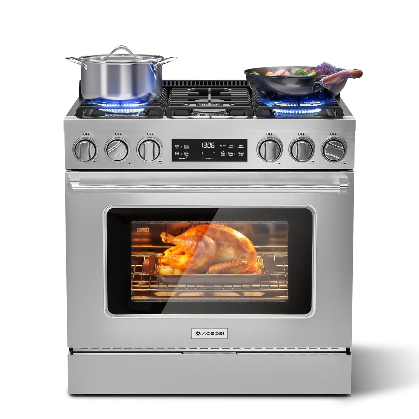 AAOBOSI 36 Inch Gas Range Oven, 6 Cu.Ft Front 6 Sealed Cooktop Burners,Smrt Control Air Fryer Convection Self Clean Oven, Freestanding Stainless Steel Heavy Duty Gas Stove with Halogen Light,NG/LPG