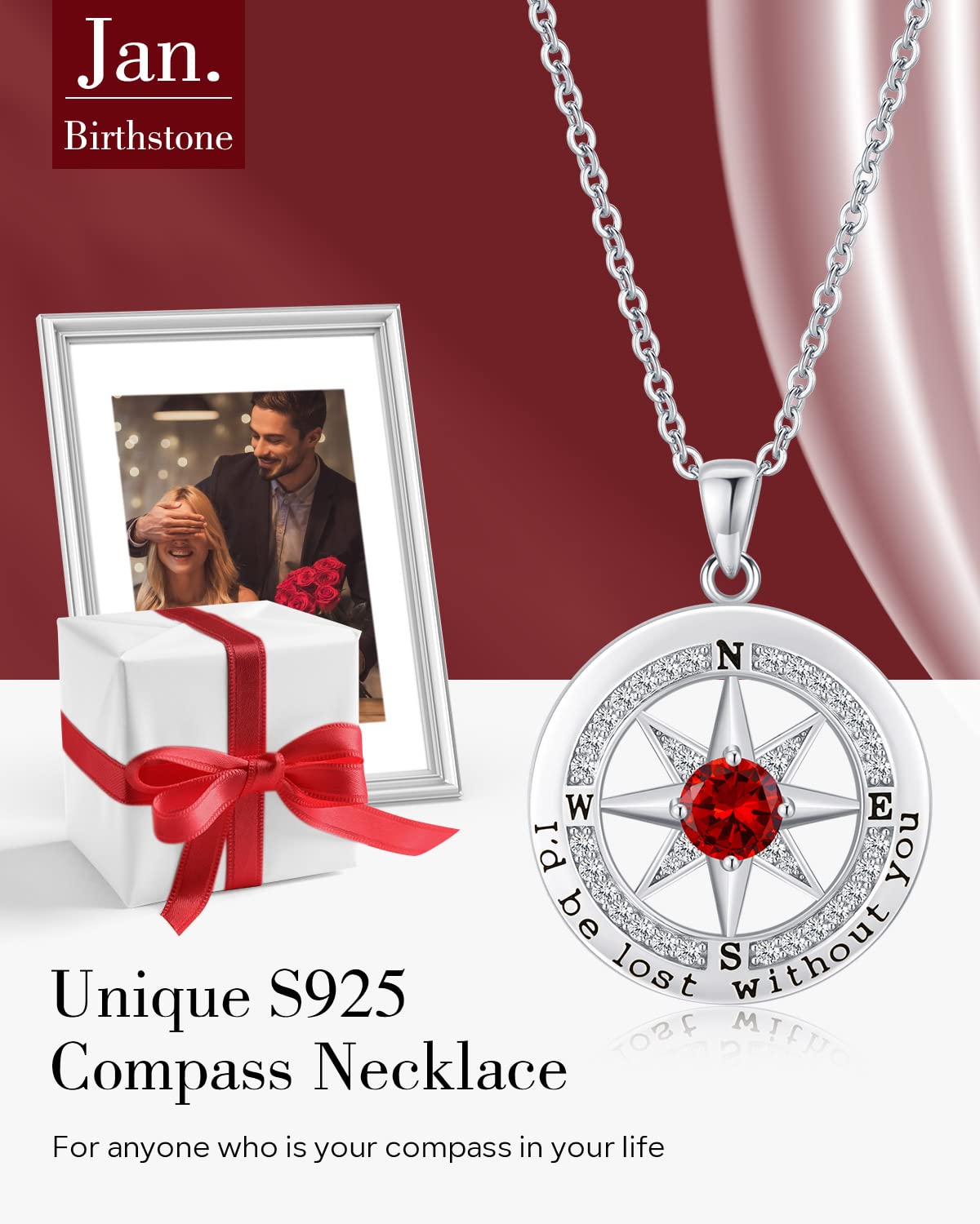 S925 Sterling Silver Necklace for Wife, Women Anniversary Year Gifts Compass Jewelry, Birthday Gift Ideas for Her Girlfriend Woman Necklaces, 18K White Gold January