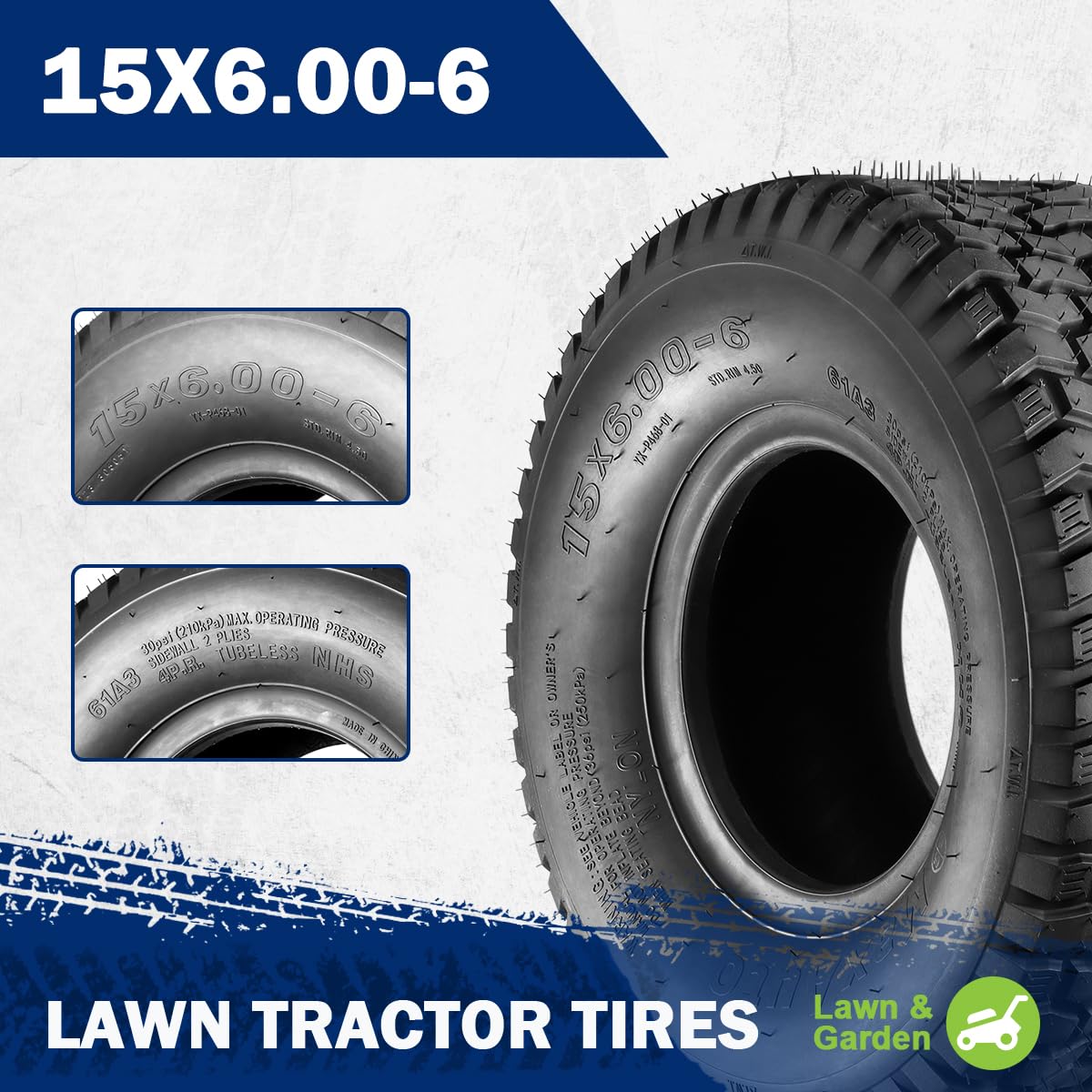 MaxAuto 15x6.00-6nhs Lawn Mower Tires 15x6x6 Lawn Tractor Tire 15x6-6 Turf Tires, 4 Ply Tubeless Tire, 565 lbs Capacity, Set of 2