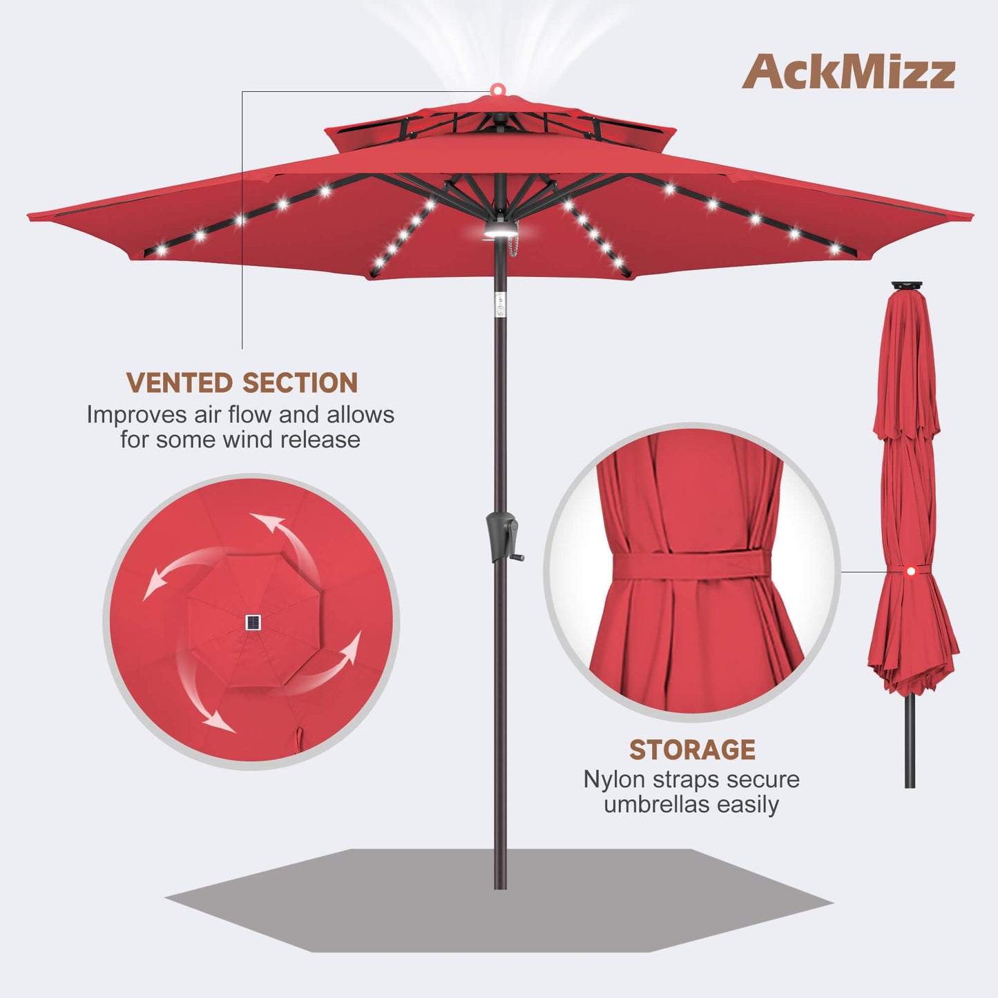 AckMizz 9ft Solar Umbrella Outdoor - 2 Tiers Lighted Solar Patio Umbrella with 40 LED Lights Waterprool UV Protection, Table Umbrella with Tilt for Pool, Porch, Garden, Backyard (Red)