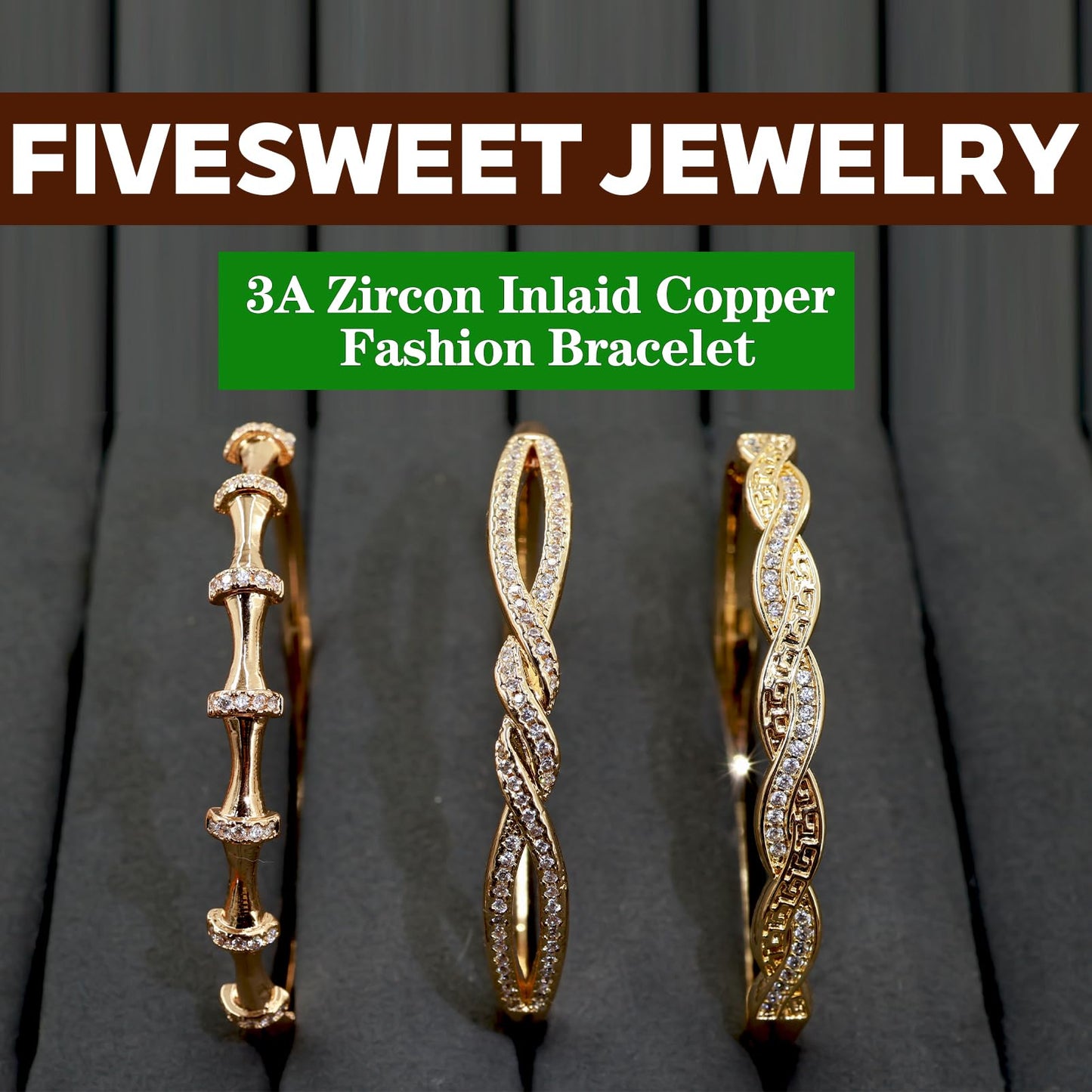 FIVESWEET 3PCS Gold Bangle Bracelet Set for Women, Copper Inlaid with 3A Zircon, Stackable Trendy Jewelry, 2.4 Inch, Great Gift for Her Girlfriend Wife Mom Sister Lover on Birthday Christmas Valentine's Day Mother's Day (Bamboo Joint & Twisted Rope)