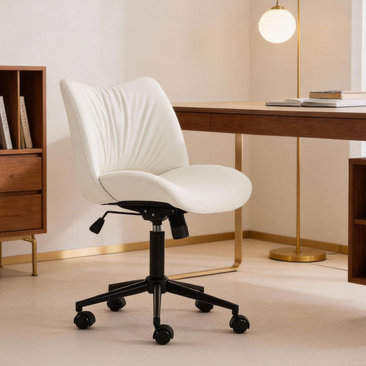 ROHASID Armless Desk Chair, Comfy Armless Office Chair with Wheels, Height Adjustable Faux Leather Desk Chairs for Office, Swivel Vanity Chair with Back for Bedroom, Reading Nook, White
