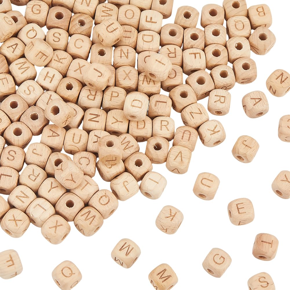 SUNNYCLUE 156Pcs 26 Styles Cube Wood Letter Beads Wooden Bead Alphabet 12mm Square Shape Initial A-Z Charms with 4.5mm Large Hole Loose Spacers for Jewelry Making Beading DIY Crafts Bracelet Earrings