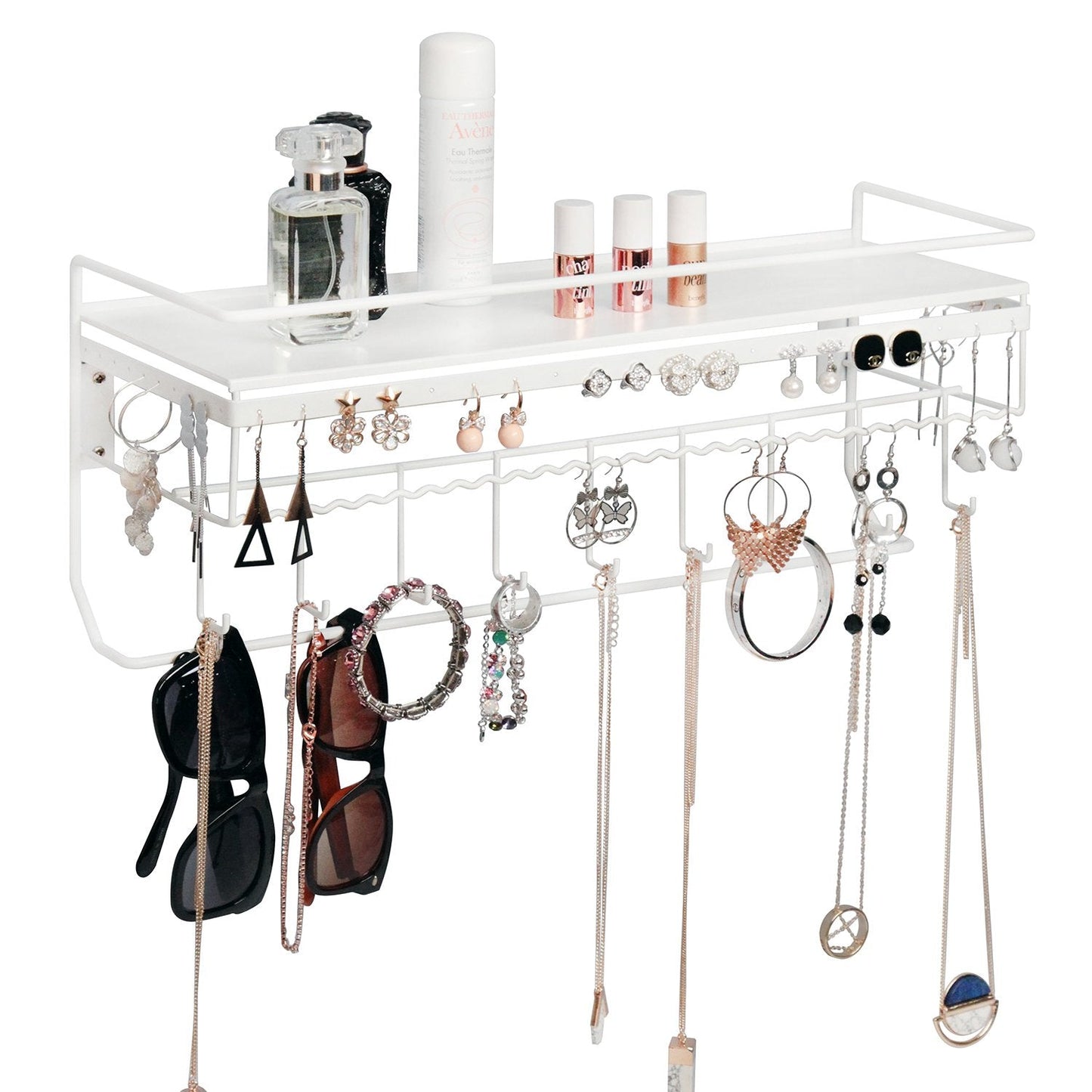 JackCubeDesign White Metal Necklace Jewelry Organizer Wall Mount Jewelry Holder Shelf Mounted Hanging Storage Hooks for Necklace, Earrings, Sunglasses, and Aesthetic Room Decor – MK238B
