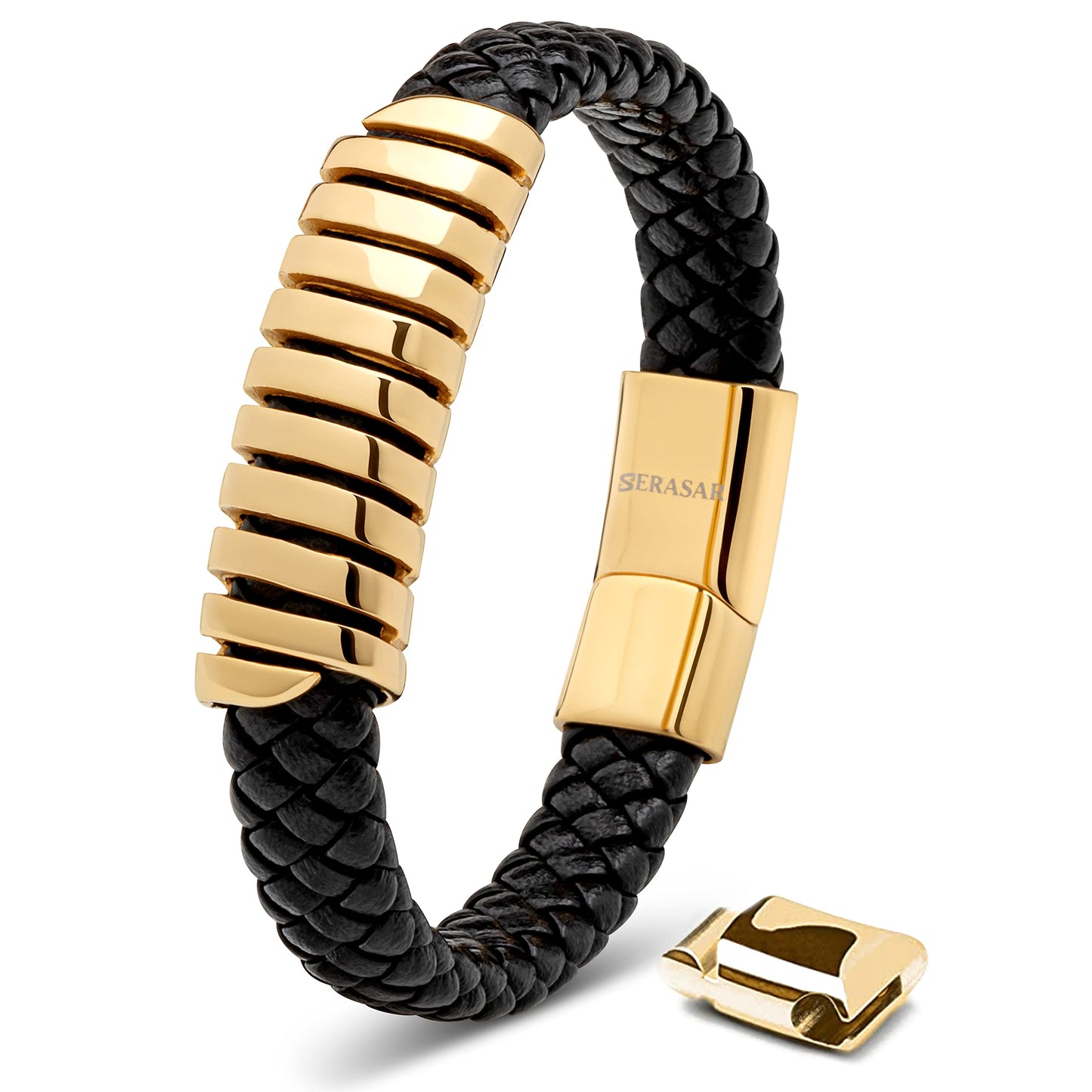 SERASAR Pulseras para hombre 23cm Oro, Caja de regalo, Piel vaca genuina trenzada, Cierre magnético ajustable, Envoltura multicapa, Joyero, Cuerda s, Accesorios joyería