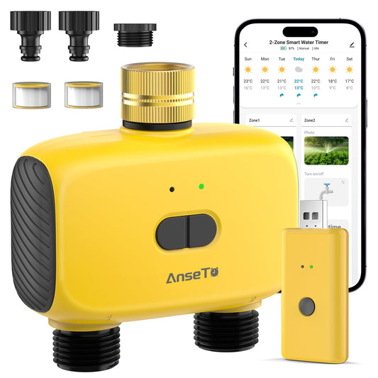 AnseTo WiFi Sprinkler Timer 2 Zone, Smart Water Timer for Garden with App Remote Control for Travel, Brass Inlet Smart Irrigation System for Outdoor Hose, Patios, Lawns, Flower Bed & Yard Care
