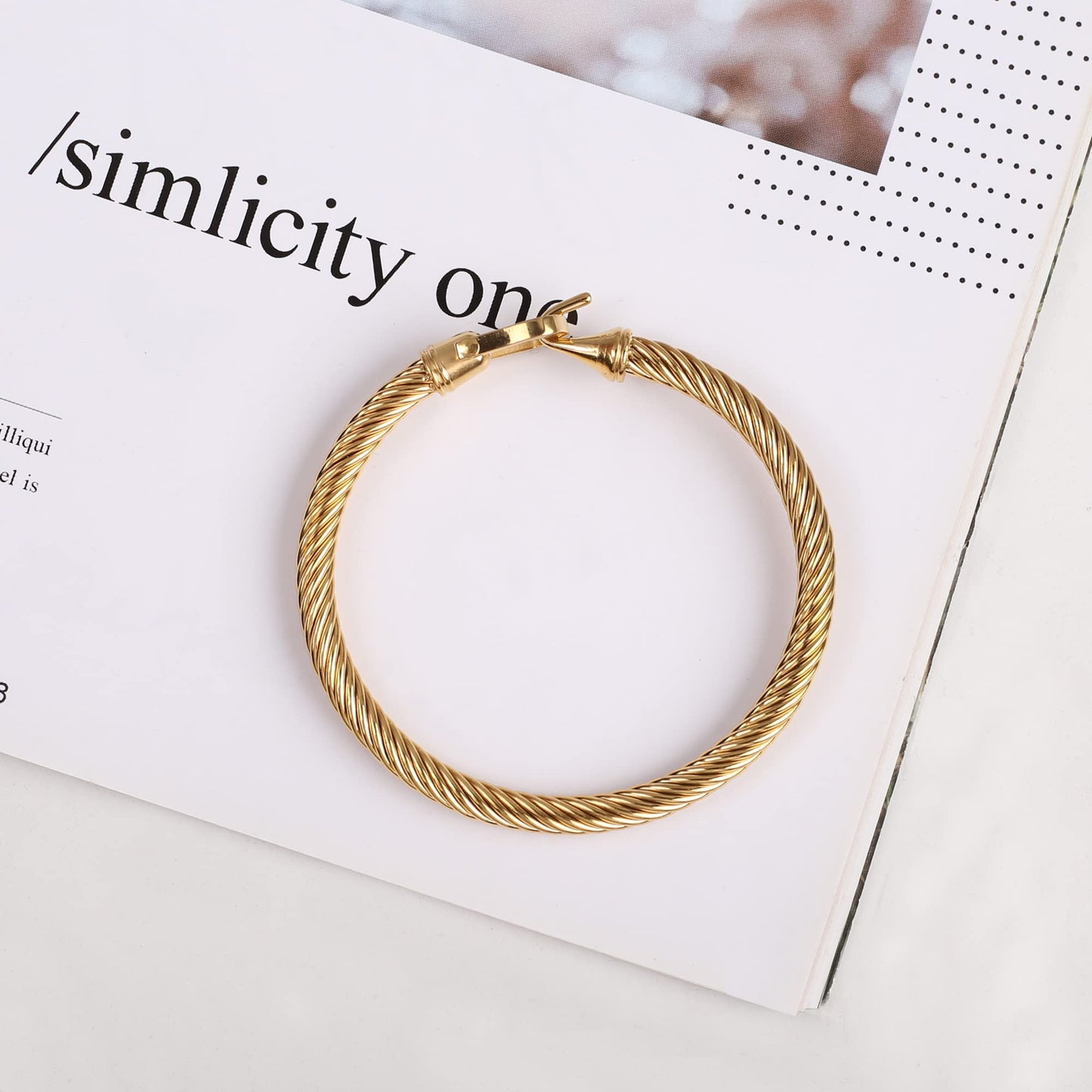 HX SHARE Twisted Cable Bracelet Stylish Fine Stainless Steel Cable Cuff Bracelet with Hook Clasp Bracelets Jewelry for Women Upgrade 18K Gold （7.6"）