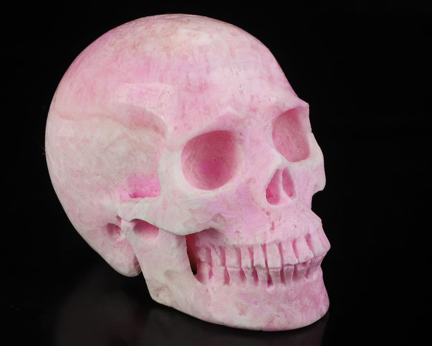 Skullis 5.0" Pink Aragonite Realistic Crystal Skull, Hand Carved Gemstone Fine Art Sculpture, Reiki Healing Stone Statue.3252.