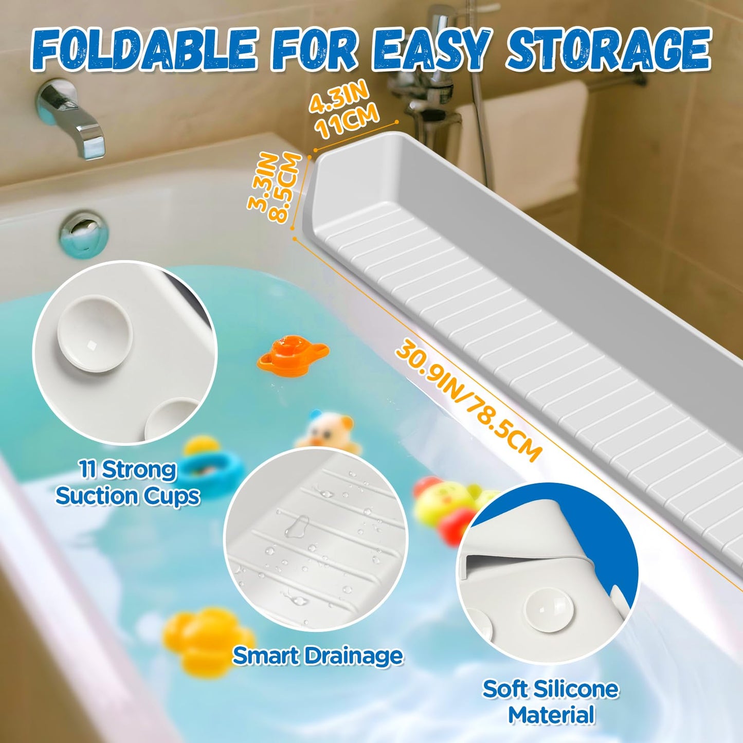 Splash Guard for Bathtub Kids - Silicone Bathtub Splash Guard with 11 Suction Cups, Bath Tub Play Shelf for Kids & Toy Holder, Prevent Water Spill in Bathroom, Fun Bath Time for Toddlers Baby, Gray