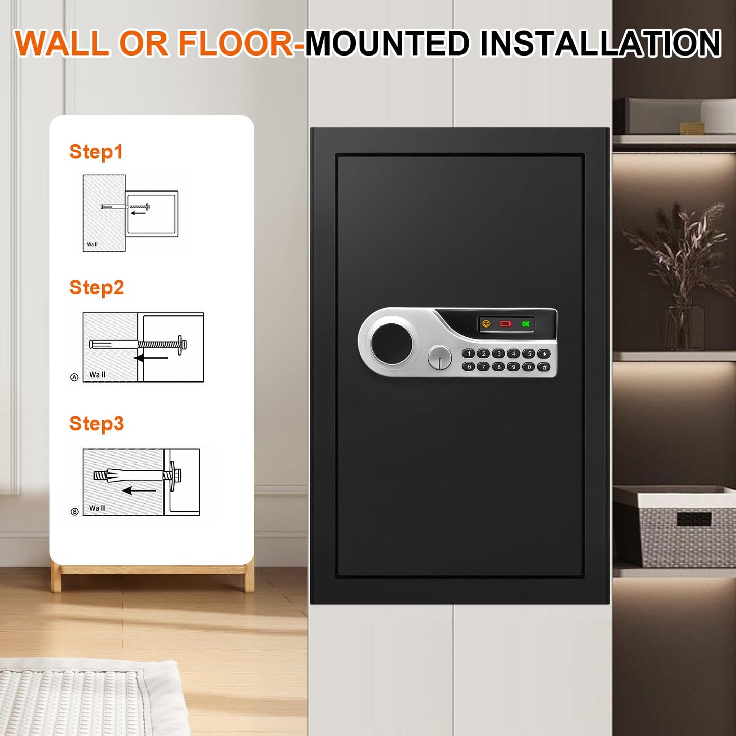 5.2 Cuft Large Fireproof Safe for Home Documents, Safety Box with Spare Keys, Alarm System & Removable Shelves, Home Safe Box Fireproof Waterproof for Money Medicine Jewelry