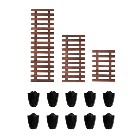 ShopLaLa Bundle- 3 Pack, Assorted Size Wooden Plant Holder + 10 Pack, 4 Inch Black Self Watering Plastic Pot Modern Vertical Live Hydroponic Garden Air Plant Herbs Succulent Hanging Wall Mounted Decor