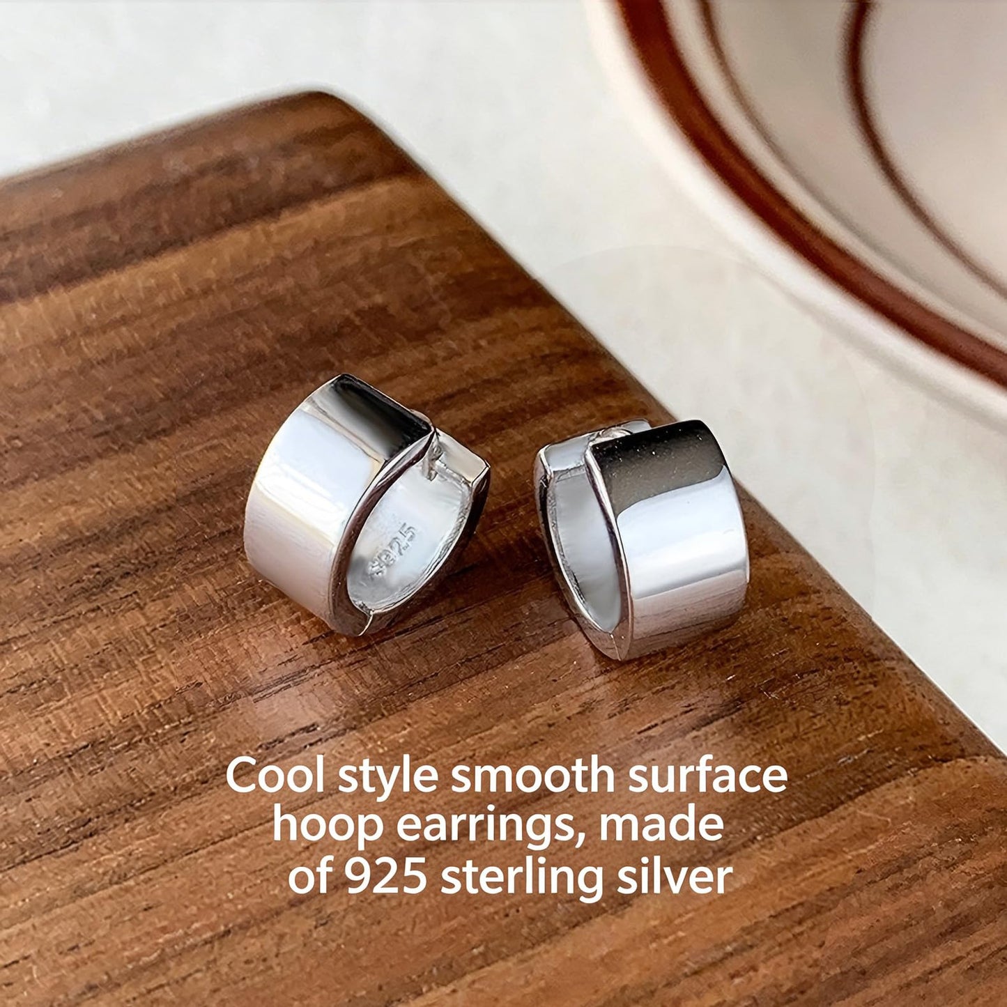 Italian Sterling Silver Earrings for Men Hoop Huggie Earring Polished, Jewelry for Alentine's Day, Father's Day, Thanksgiving Gifts, Birthday Presents (Wide shiny hoop)