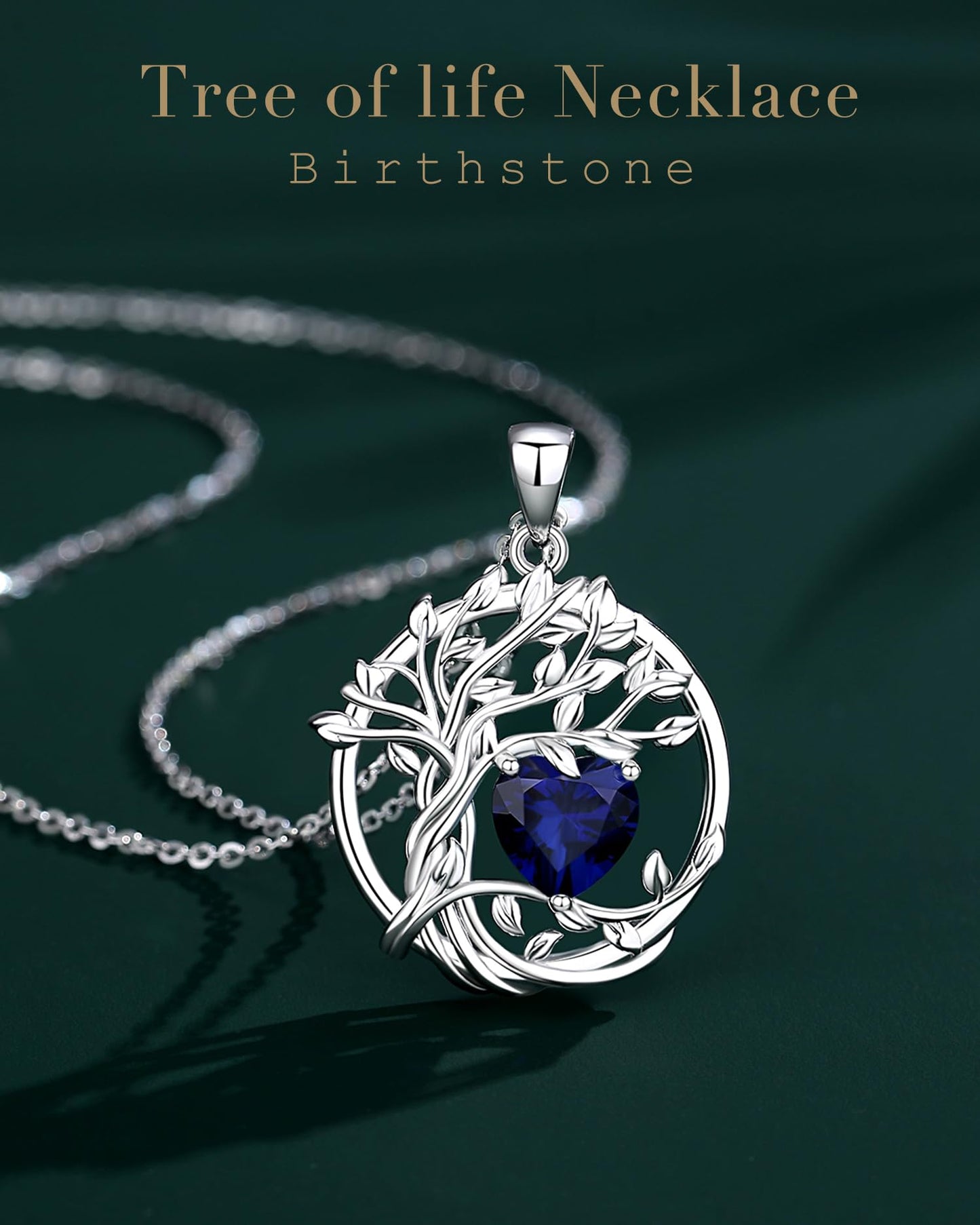 FANCIME Tree of life Birthstone Necklace for Women Sterling Silver Tree Jewelry Sapphire Pendant September Birthday Blue Gemstone Anniversary Christmas Gifts for Girlfriend Wife Mom Her