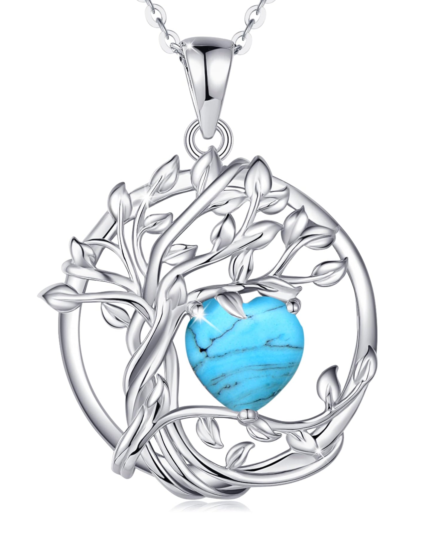 FANCIME Tree of life December Birthstone Necklace for Women Sterling Silver Tree Jewelry Created Turquoise Pendant November Gemstone Anniversary Birthday Christmas Gifts for Wife Mom Her