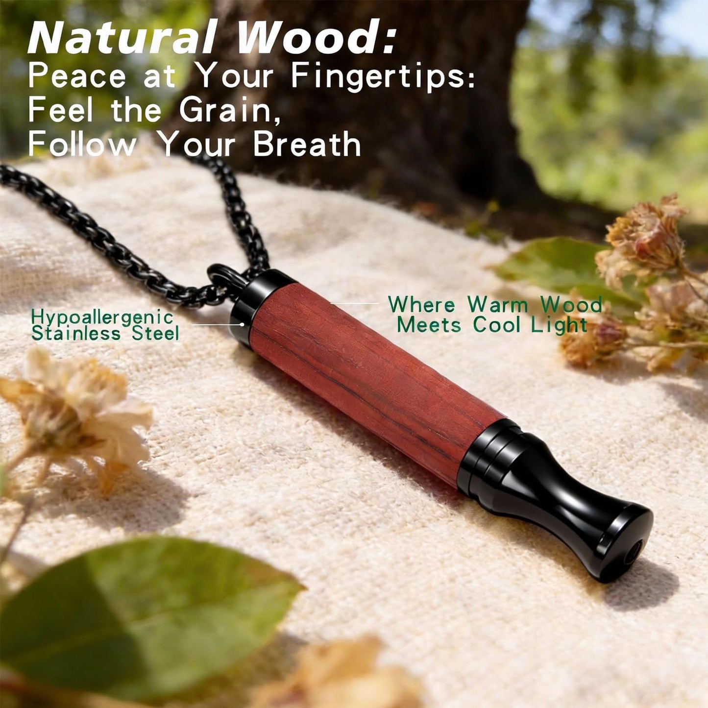 BOLAGTIER Mindful Breathing Necklace: Natural Wood Fidget Charm for Anxiety Relief & Quit Smoking Aid, Stainless Steel Sensory Pendant to Calm Your Mind (Black)