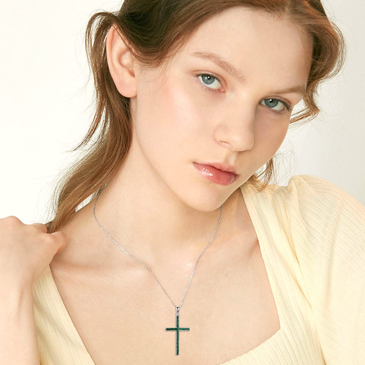 YFN Cross Necklace Sterling Silver Green Malachite Cross Pendant Religious Jewelry Gifts for Women Men