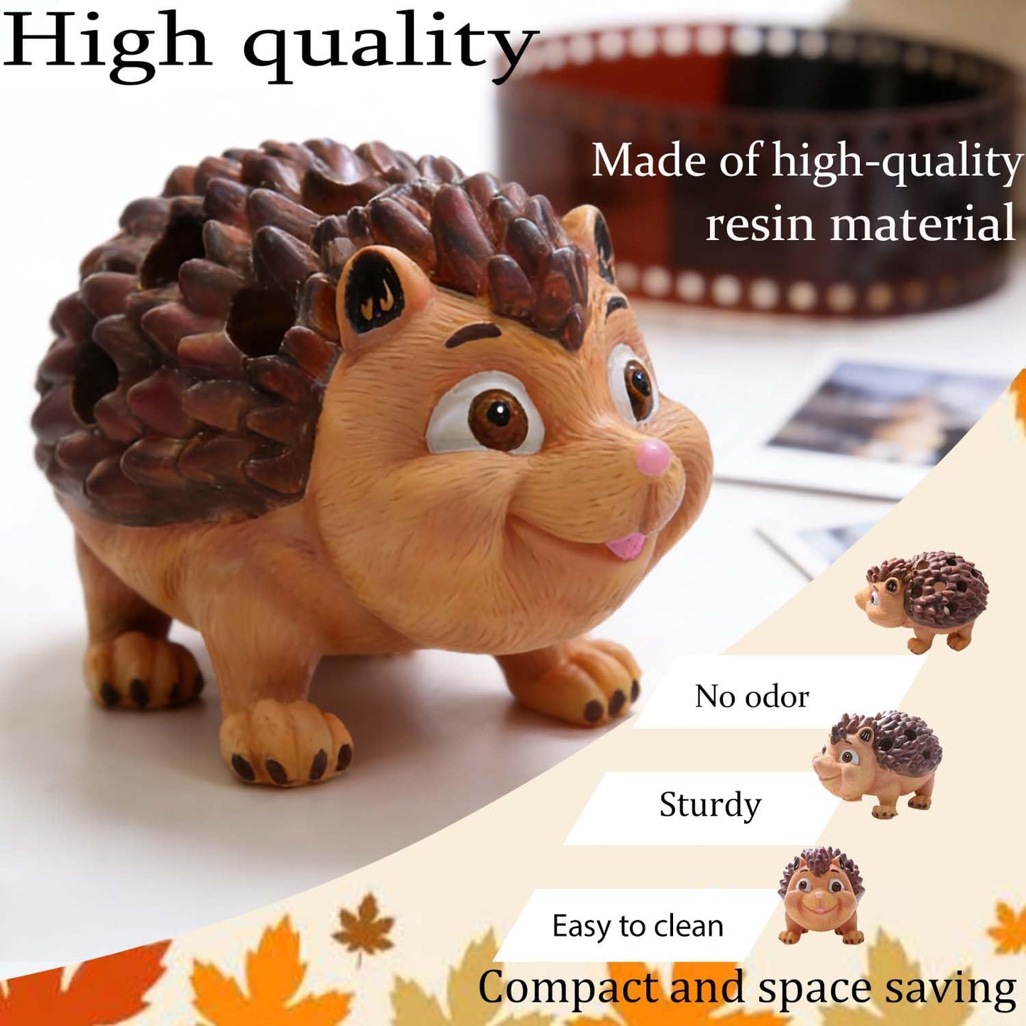 Daoofukeji Pen Holder for Desk Pencil Holder Wooden Hedgehog - Resin Hedgehog Shaped Pen Container Desk Organizer Decoration for Office Desk Home Decorative Animal Pen Holder Funny Gifts for Kids