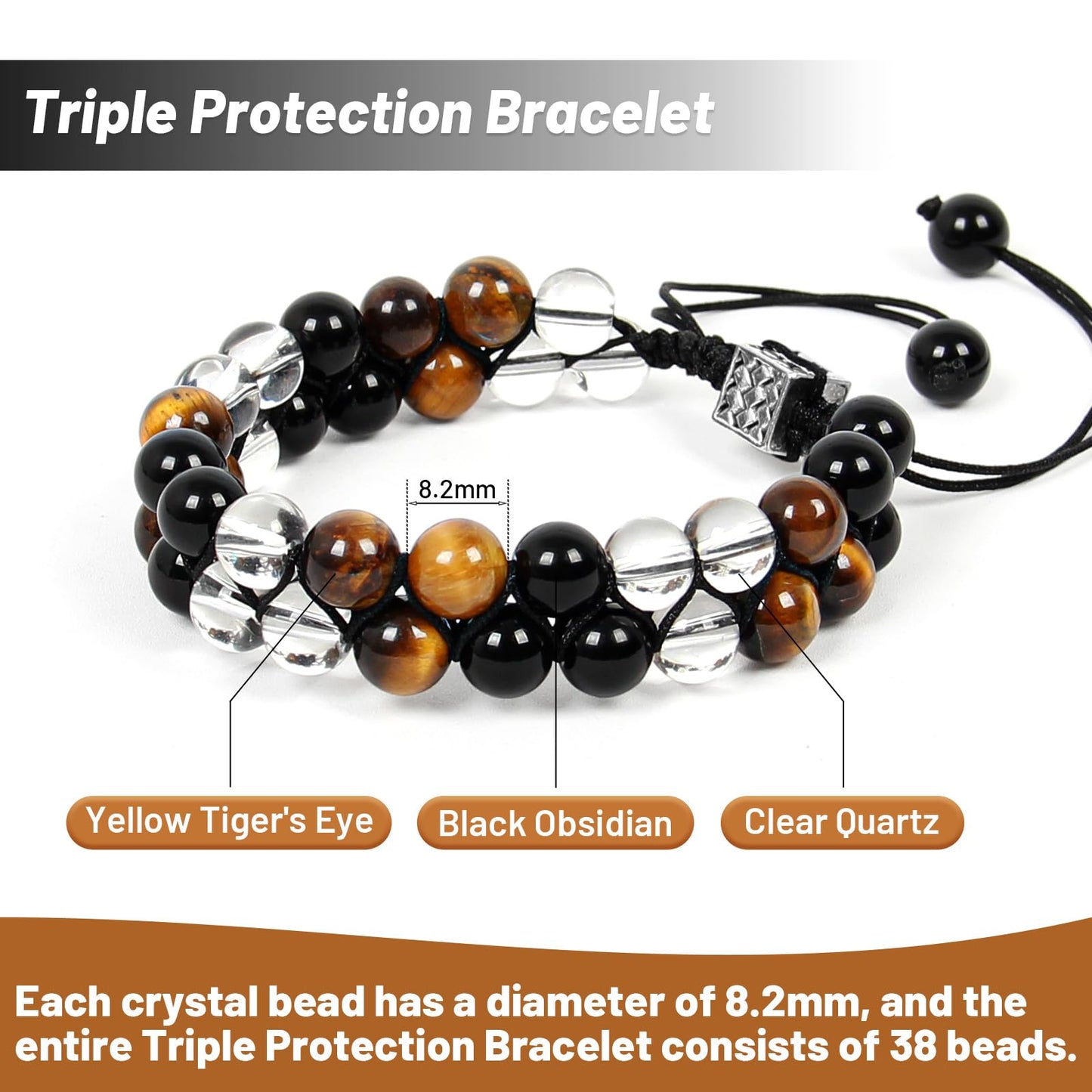 Orientrea Triple Protection Bracelet- Yellow Tiger's Eye, Black Obsidian & Clear Quartz, 8mm Handmade Healing Crystal Bead Bracelets for Luck, Prosperity, Protection & Balance, Gift for Men & Women
