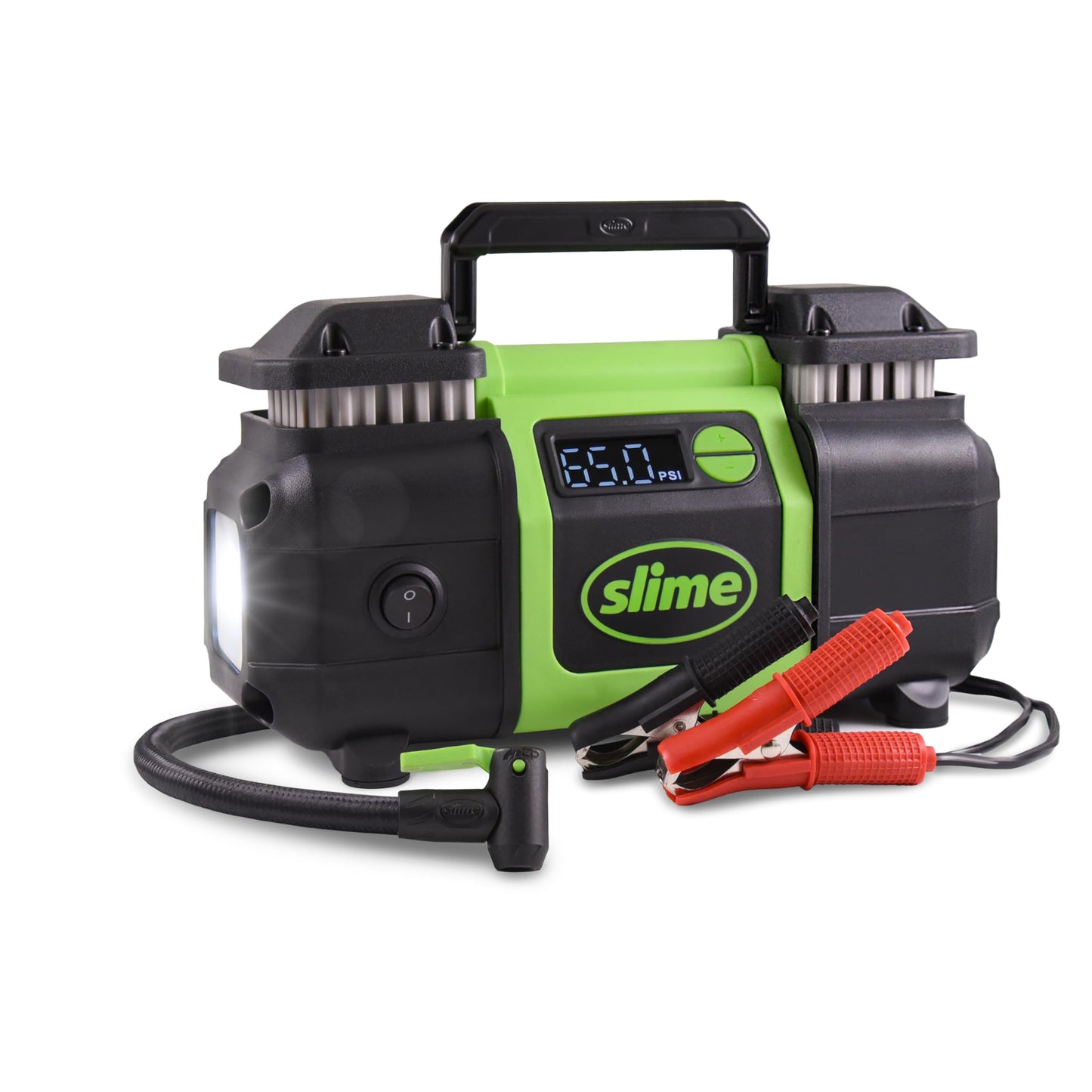 Slime 40083 Tire Inflator, Super Duty Pro Power, Battery Connection, Dual Piston, with Digital 0-99 psi Gauge, Long Hose and LED Light, Alligator Clips, 2 min Inflation