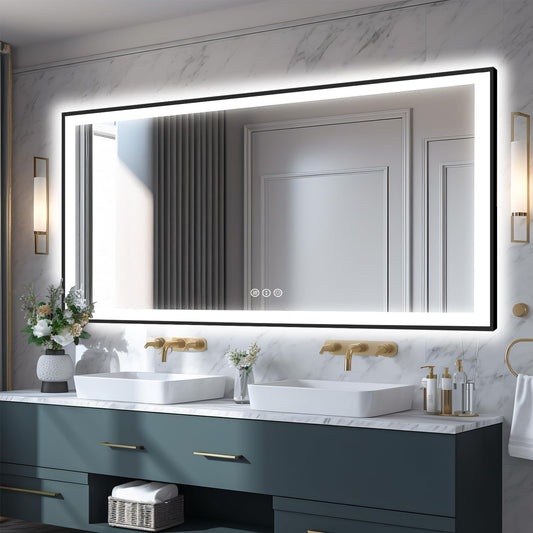 EchosLife Large 84x40 Light Up Bathroom Mirror -Black Aluminum Edge (Front and Backlit), Anti-Fog Vanity Mirror with Lights,Stepless 3 Colors Dimmable Lighted Mirror(Horizontal/Vertical)