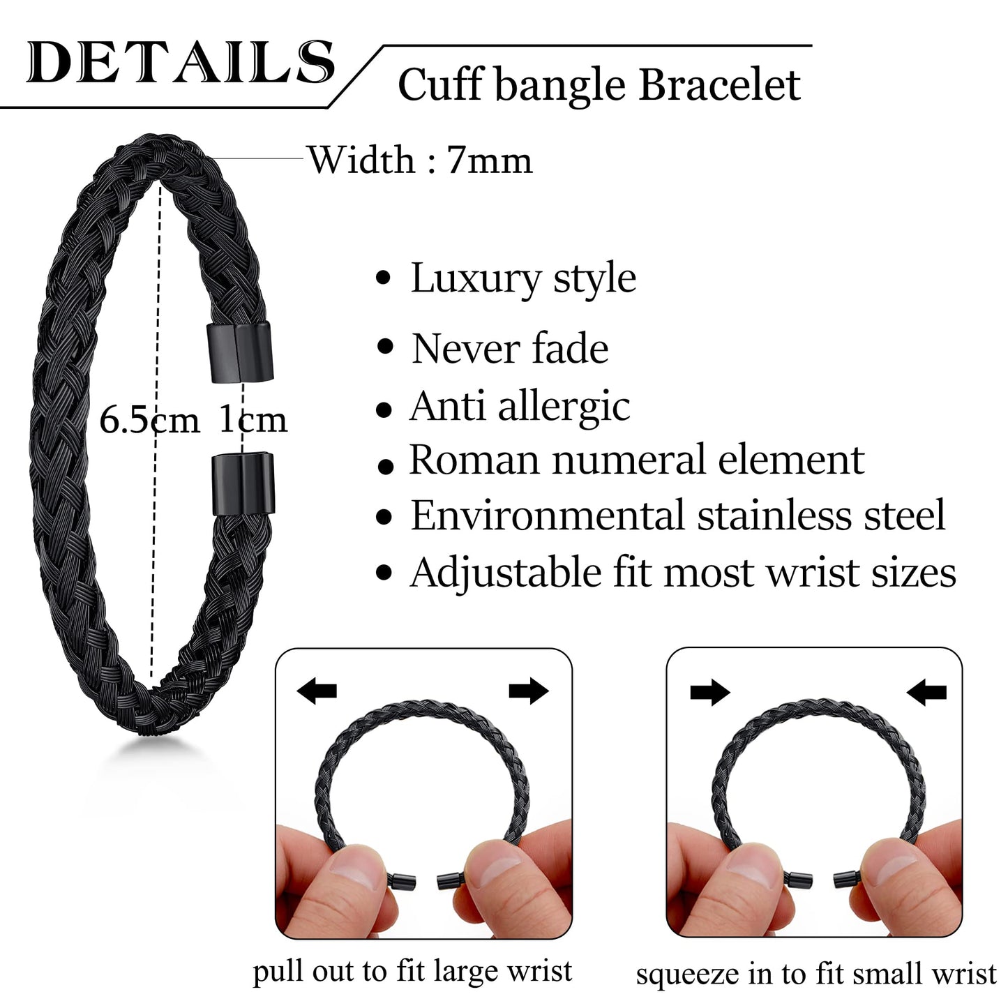 WFYOU 3PCS Stainless Steel Bracelets for Men Gold Roman Numeral Bangle Bracelet Twisted Cable Bracelet Adjustable Cuff Bracelet Mens Luxury Jewelry Bracelets Gifts(O:Black-CZ Leopard Head)