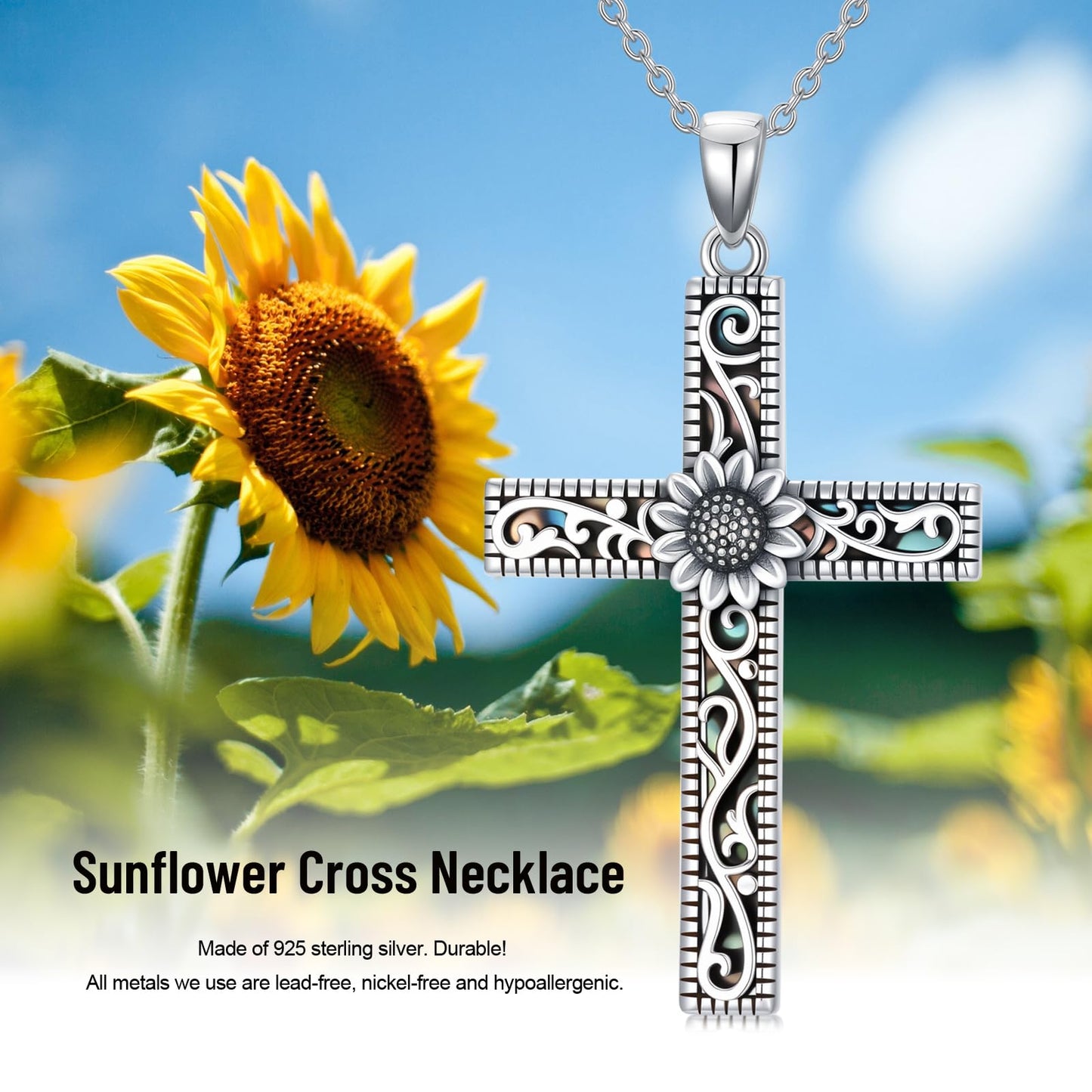 KoyeKei Sunflower Necklace for Women 925 Sterling Silver Sunflower Gifts Filigree Cross Pendant Religious Faith Graduation Jewelry Mothers Day Gift for Mom Wife Sister Christian