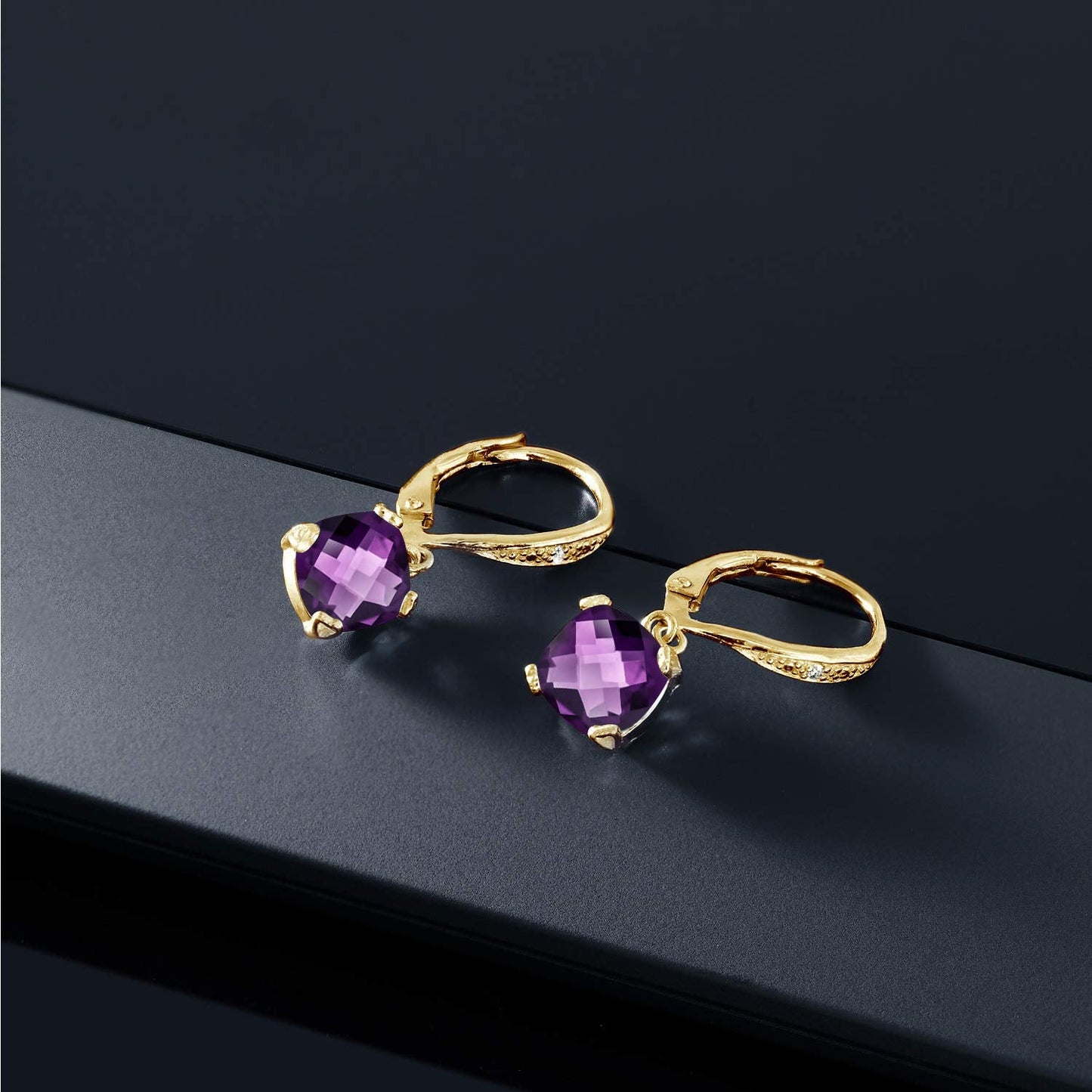 Gem Stone King Drop Dangle Earrings For Women | 7MM Cushion Cut Gemstone Birthstone and Diamond | 925 Sterling Silver | Jewelry Gift for Mom Wife Her | Amethyst-Checkerboard-February | Yellow Gold