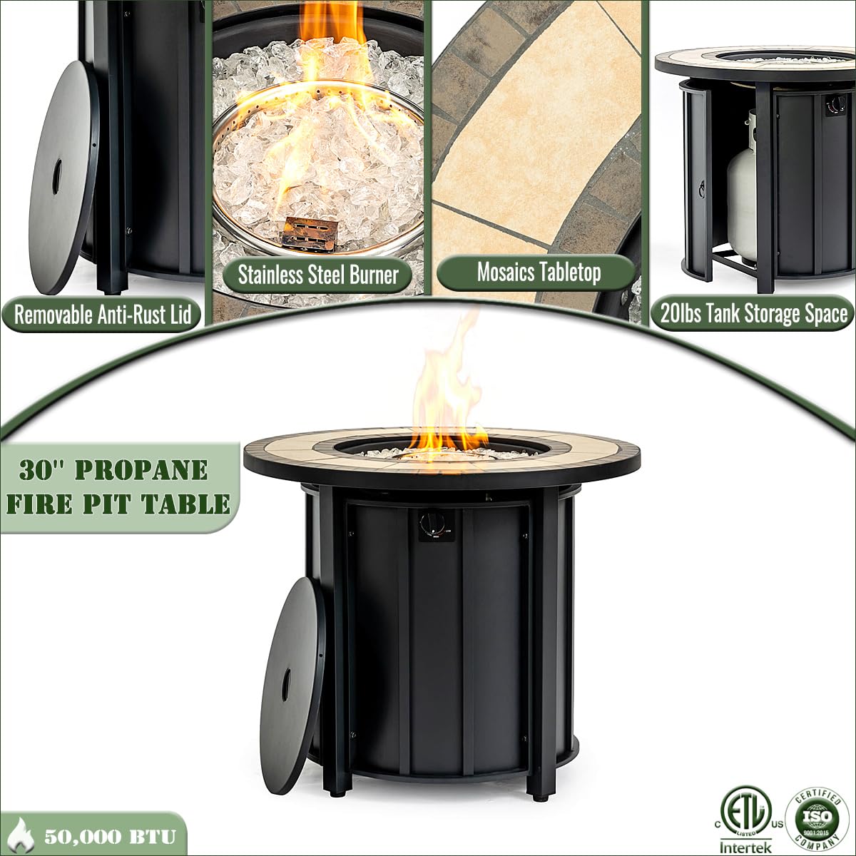 KEIKI 30 Inch Mosaic Ceramic Propane Fire Pit Table, Round Outdoor Gas Fireplace, Steel Patio Heater for Garden Deck