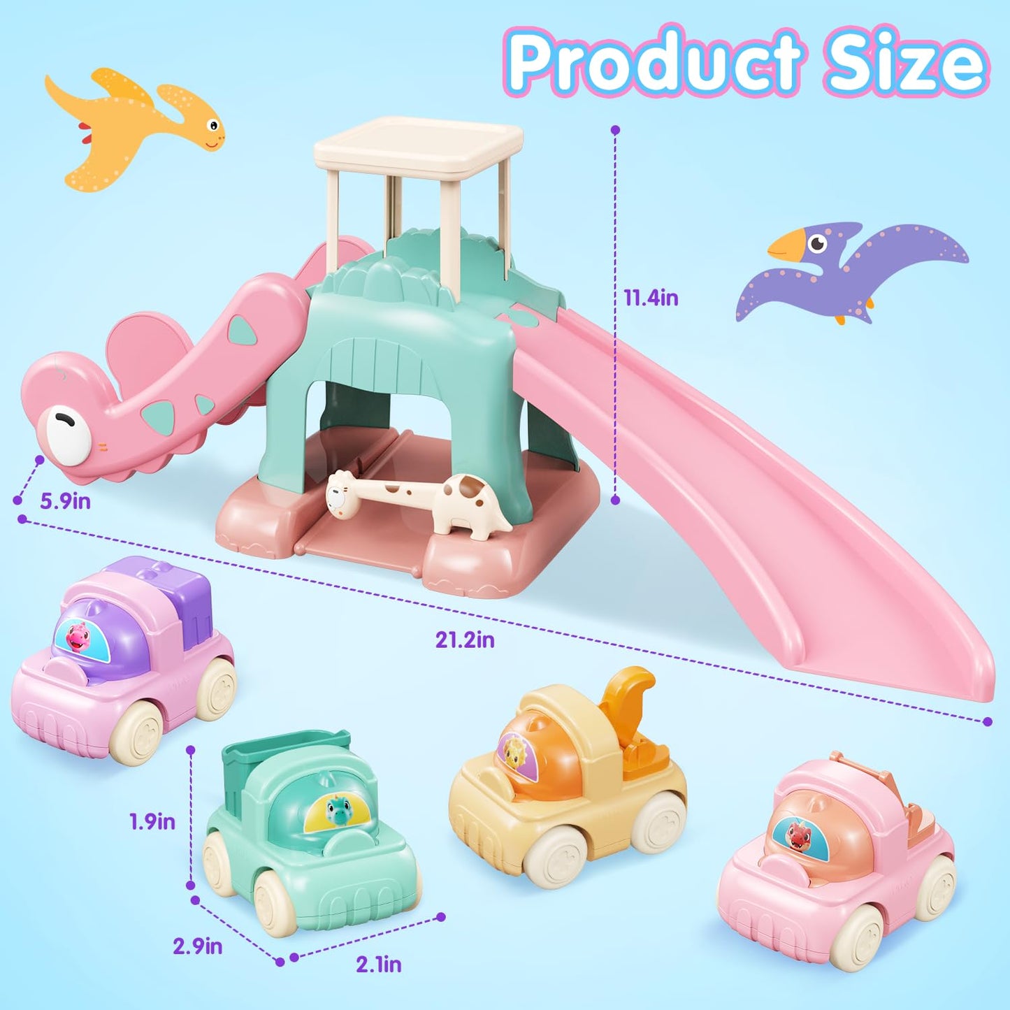CRATIVWOOD Dinosaur Car Ramp Slide Toy for Toddlers — 4 Push Cars with Race Track, Baby Slide Indoor Toy, Montessori Learning Birthday Gift for Boys Girls 1 2 3 Year Old (Pink)
