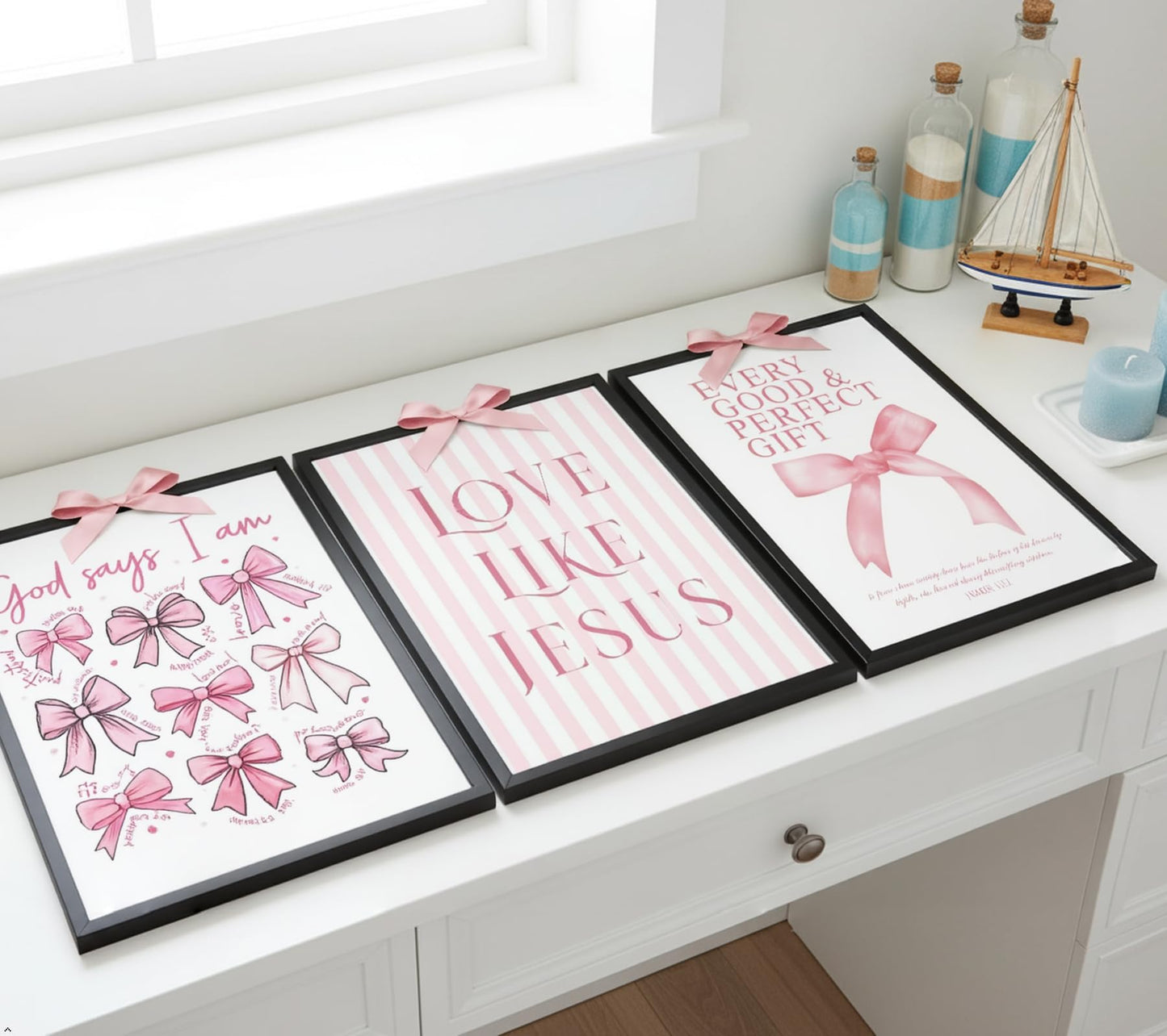 3Pcs Pink Bow Canvas Wall Art, Coquette Preppy Painting Pictures Wall Decor, Christian Inspirational Bible Posters Print Artwork for Girls Dorm Room, Apartment, Home Decoration 16x24 Unframed