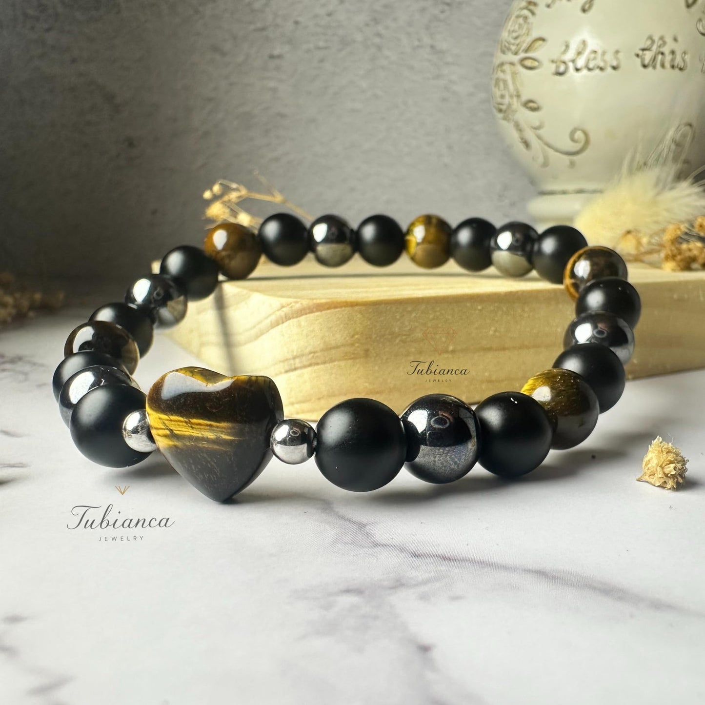 TUBIANCA Triple Protection Bracelet – Tiger Eye, Hematite & Black Onyx Crystal for Energy Shield, Confidence, Grounding & Spiritual Balance – Handmade Unisex Healing Jewelry