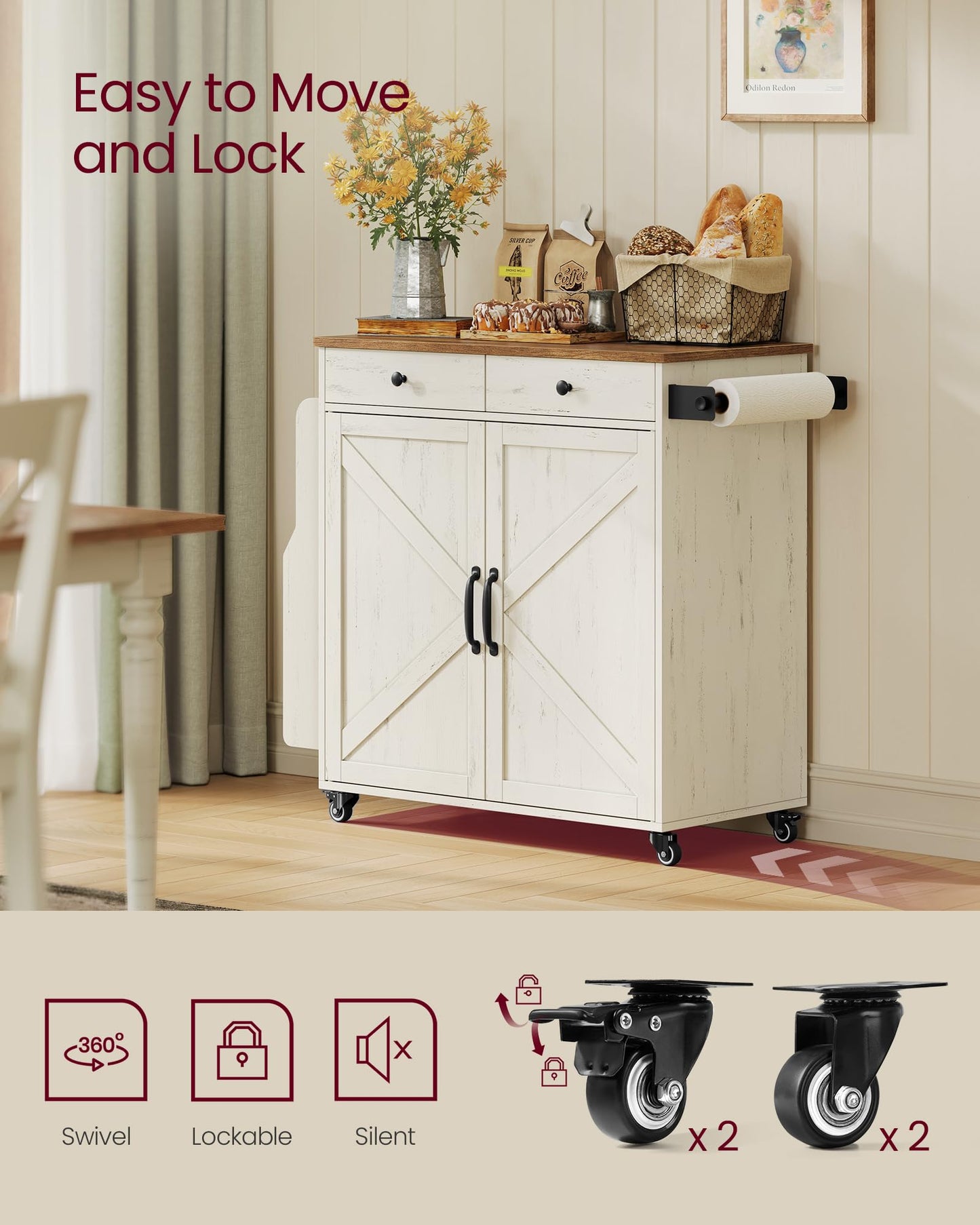 VASAGLE Mobile Kitchen Island, Portable Island with Spice Rack, Mobile Cart with Storage Cabinet, 17.7 x 36.5 x 36 Inches, for Dining Room, Rustic White and Honey Brown UKKI008W01