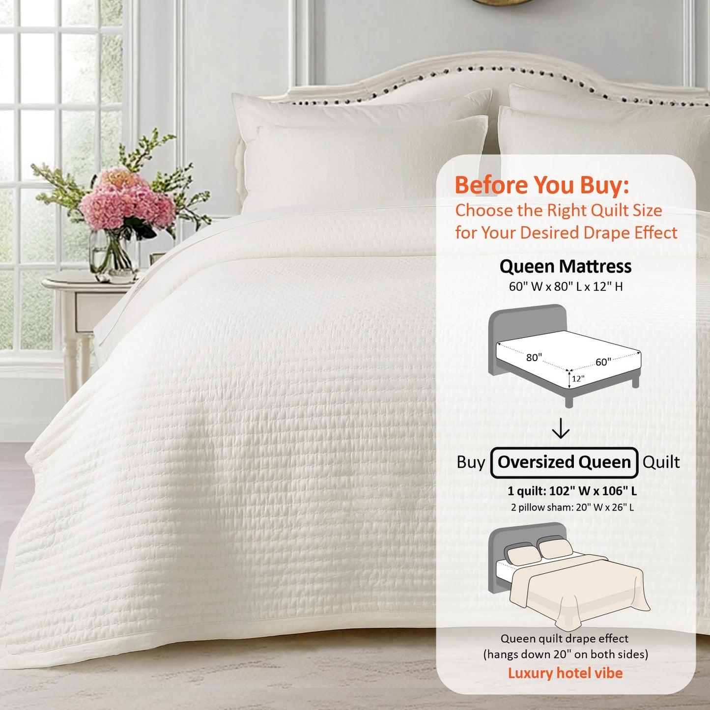 KASENTEX Oversized Queen Quilt Set 102"x106" – Soft Washed 3-Layer Lightweight Bedspread, Minimalist Nordic Design, All-Season Spring & Summer Quilt Set (1 Quilt + 2 Pillow Shams),Cream White