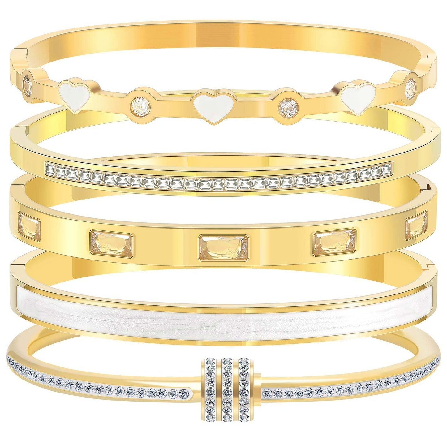 Camhanno 18K Gold Plated Stainless Steel 5-Piece Gold Bangle Bracelet Set for Women - Pink Crystal Friendship & Love Heart Design, Stackable Bangles Jewelry - Ideal Birthday Gift for Women (White)