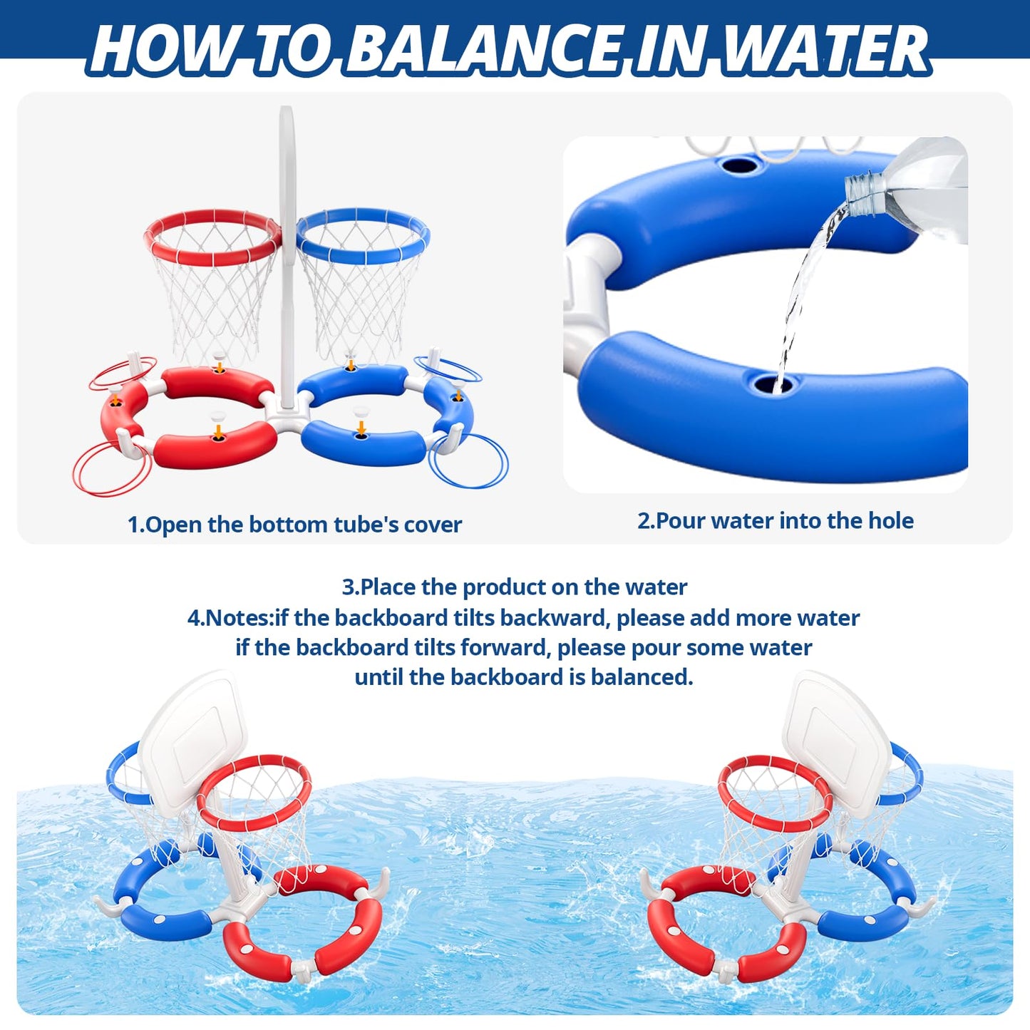 HYES Double Pool Basketball Hoop with Backboard, 2-in-1 Floating Pool Toys Ring Toss Game, 2 Player Games Summer Outdoor Water Toys Gifts for Kids Ages 4-8 8-12 & Adults, Family Swimming Pool Party
