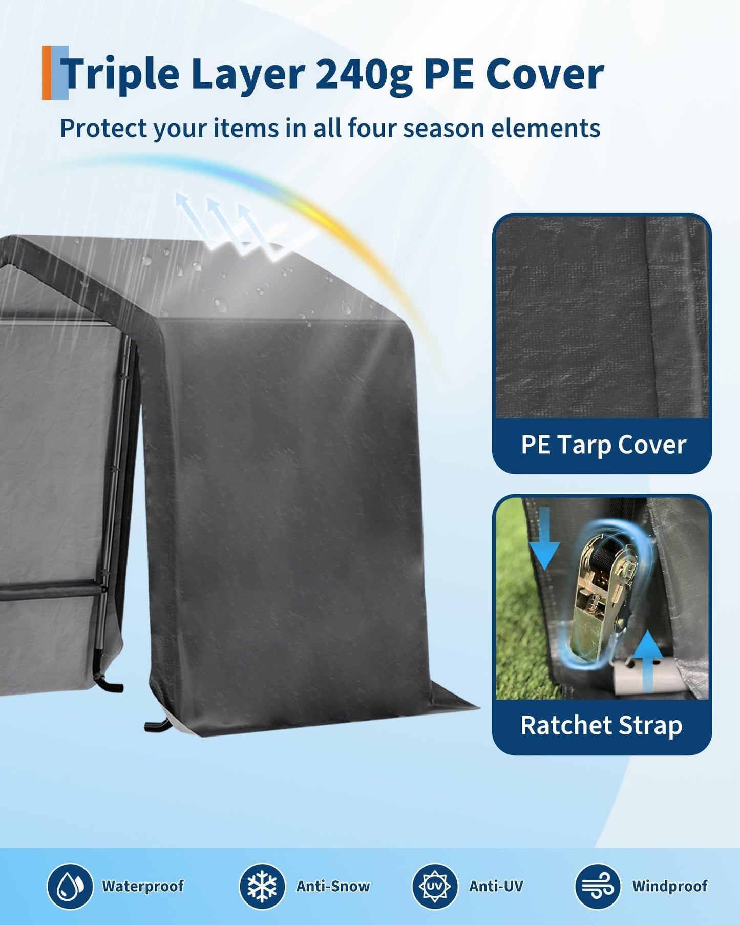  6X8 FT Heavy-Duty Portable Outdoor Storage Shed with Roll-Up Zipper Door & Vent, 240g Waterproof Carport Storage Shelter, UV-Resistant Canopy for Motorcycle, Firewood, Tools -Gray ﻿