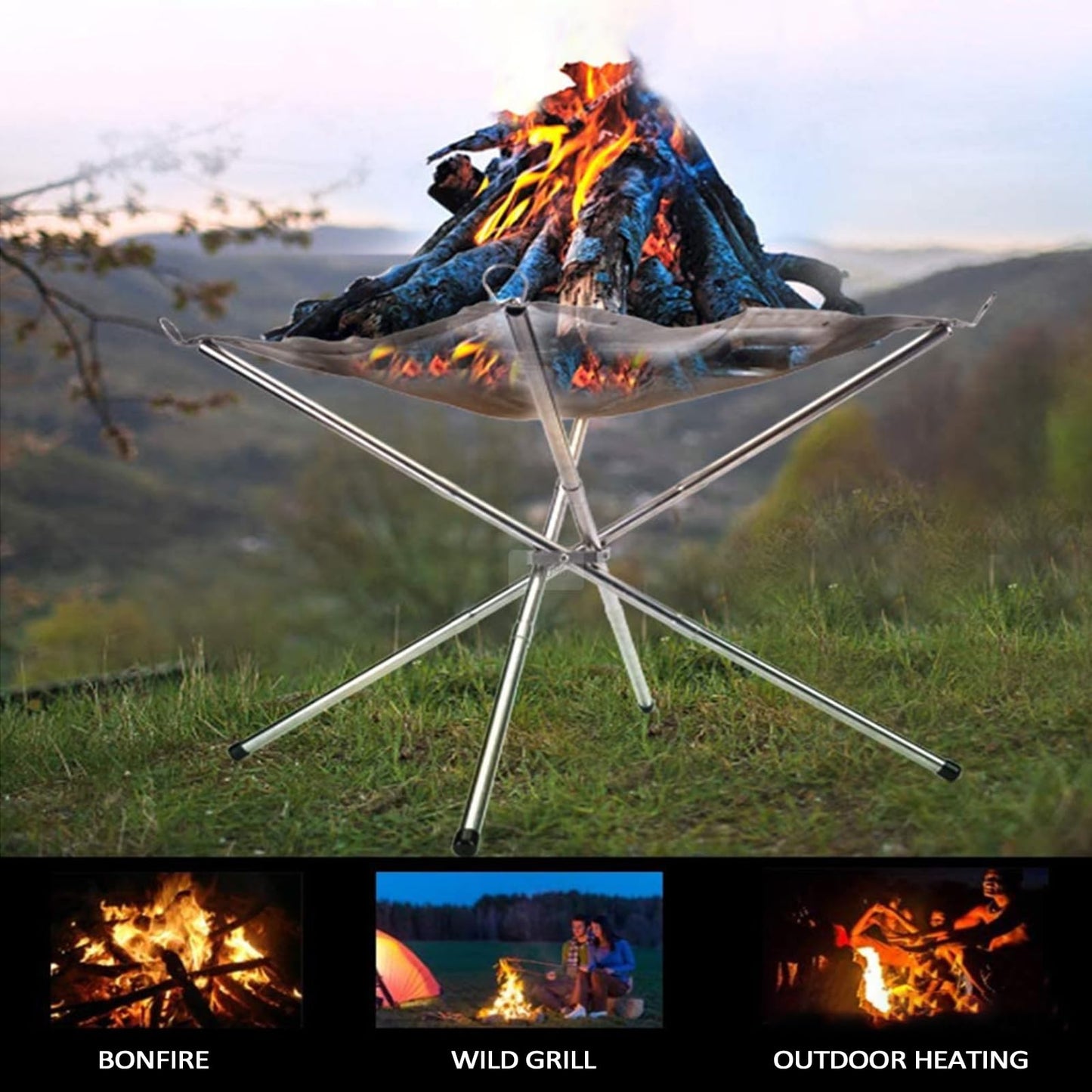22″Portable Fire Pit for Camping,Large Upgrade Collapsing Stainless Steel Mesh Outdoor Fire Pits for BBQ Heating,Bonfire,Barbecue,Patio,Backyard,Garden(Carrying Bag Included)