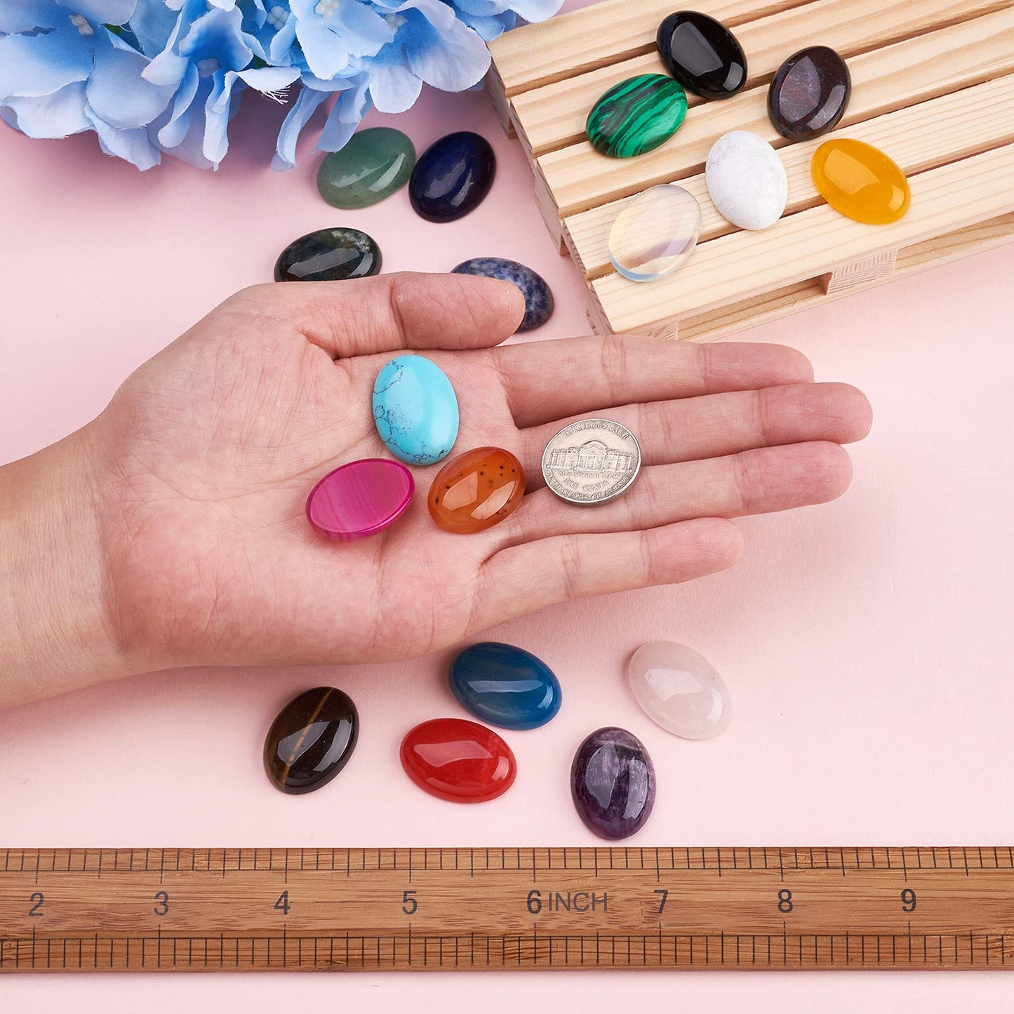 Beadthoven 36pcs 25mm Oval Cabochons Mix Natural Stone Cabochons Flatback Healing Chakra Crystal Stone Cabs Dome Cameo Cabochons for DIY Jewelry Making Rings Earrings Necklace Mosaic Tiles Crafts