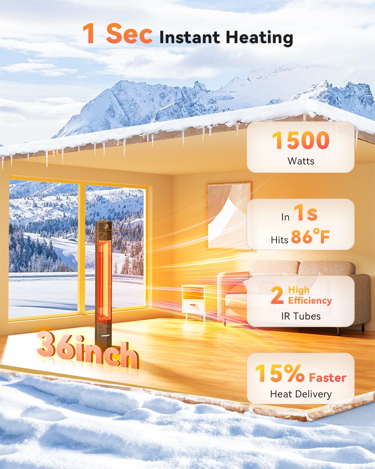 Encyclpo Patio Heater for Outdoor Use,1500W Infrared, 36 in Portable Tower Heater, 3 Levels, IPX5 Waterproof, Tip-Over&Overheat Protection for Garage, Indoor, Large Room, Backyard, Home