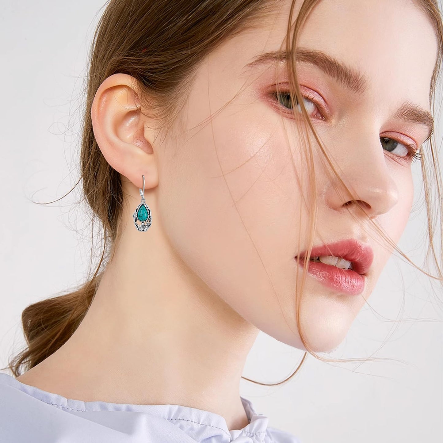 Eetaitai Natural Turquoise Flower Earrings for Women 925 Sterling Silver Teardrop Leverback Dangle Earrings Western Vintage Boho Jewelry Mothers Day Gifts for Mom Wife Sister