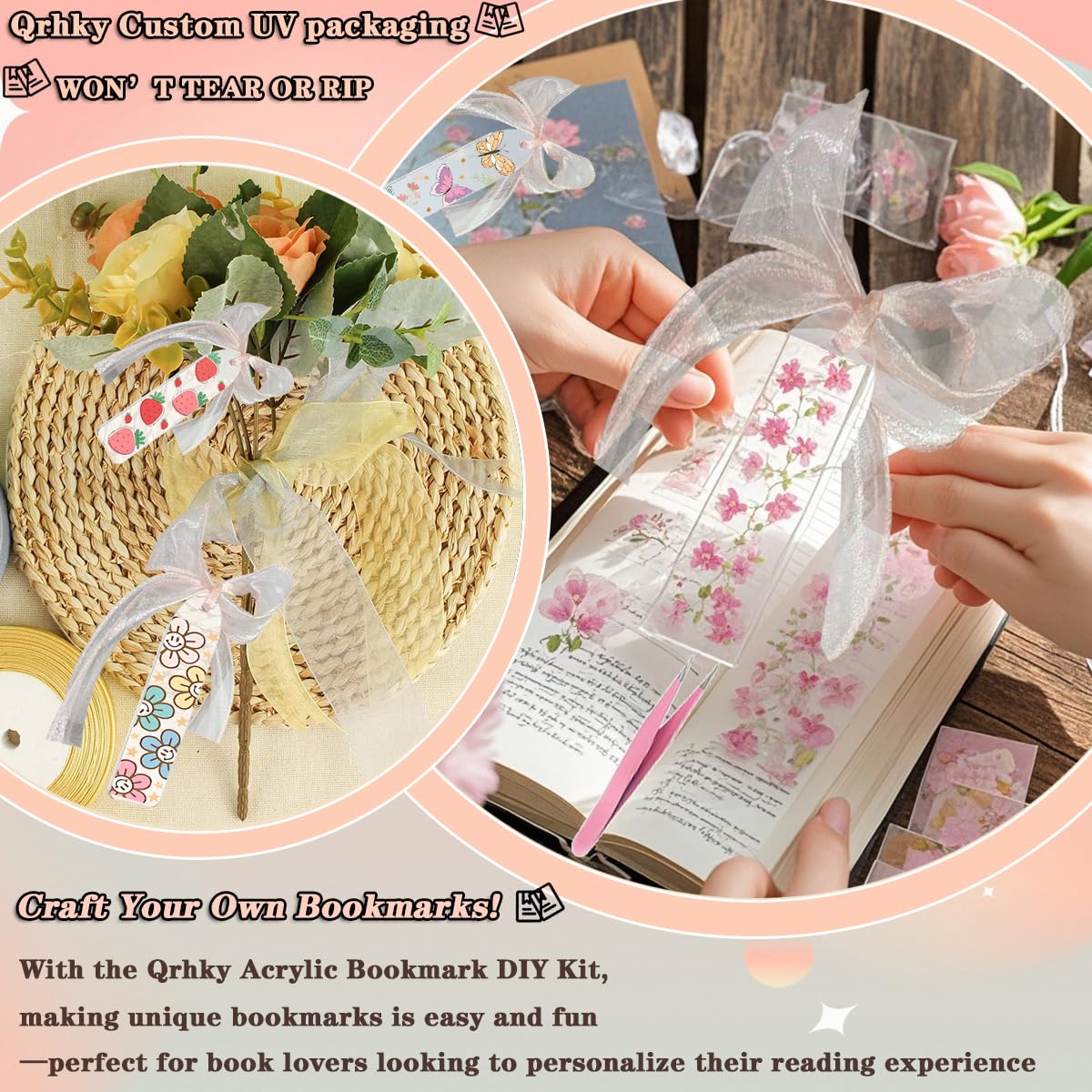 Qrhky 86PCS Acrylic Bookmark Blanks Kit, 20PCS Blank Bookmarks with 25PCS Book Lover UV DTF Sticker, 20PCS Ribbon, 20 Holographic Bags, 1PCS Tweezers, Clear Bookmark Kit for DIY and Gifts