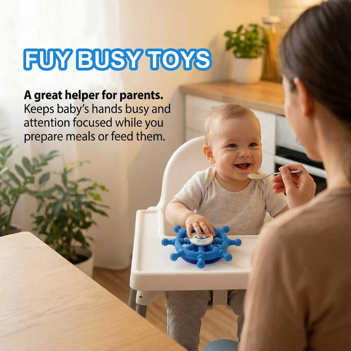 Baby Suction Spinner Toys for Bathtub, Silicone Toddler Bath & High Chair Toys for 1 Year Old Boy/Girl Birthday Gift, Interactive Ship Steering Wheel InfantToy for Car Window Travel-Blue