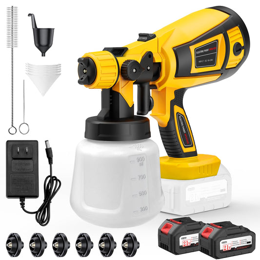 Paint Sprayer, 650W Cordless with 2 X 4.0mAh 21V Battery, 6 Nozzles & 3 Spray Modes, 1000ml Container, Copper Motor Paint Sprayer Gun for House Painting Fence Cabinets Wall