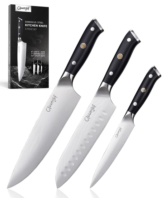 Cloongkf 3-Piece Damascus Kitchen Chef Knife Set- 8" Chef Knife, 7" Santoku, 5.5" Utility Knife Japanese High Carbon Stainless Steel with G10 Handle Gift Box Cutting Tools for Meat, Vegetables