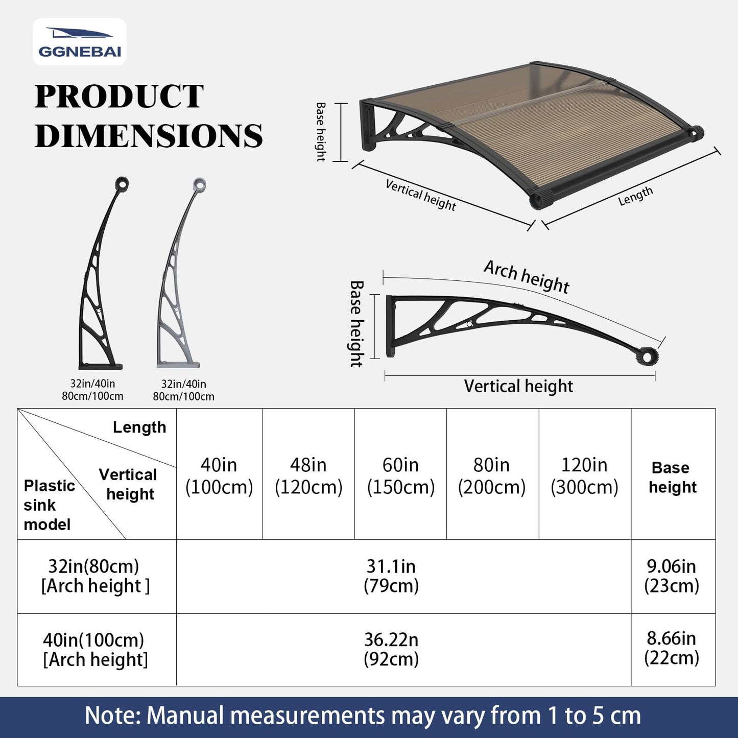 Awning for Door Entrance with Drainage Sink,32x80 Inch Awnings for Doors,Window Canopy Exterior with Plastic Steel Bracket,Polycarbonate Cover,UV,Rain,Snow Protection for House,Porch,Patio,Deck