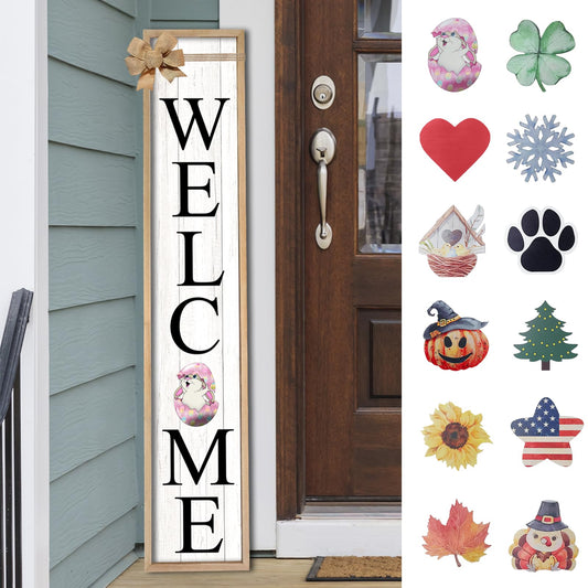 ZZJJHYWGQ Interchangeable Welcome Sign for Front Porch Standing 45"X9" Large Tall Vertical Outdoor Decor Frame With 12 Pcs Designed Icons for Outside Door Decorations (Wood)