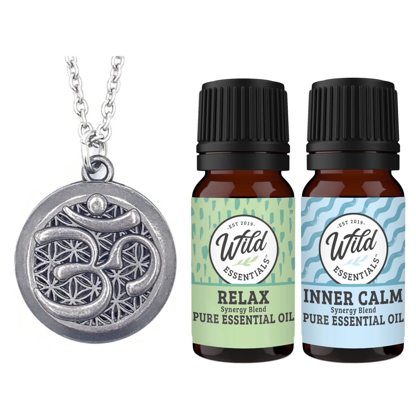 Wild Essentials Pewter Aum Essential Oil Diffuser Necklace Gift Set with Inner Calm & Relax Oils – Nickel Free Alloy Pendant with 12 Color Pads – USA Made Oils & Perfume Necklace – Family Company