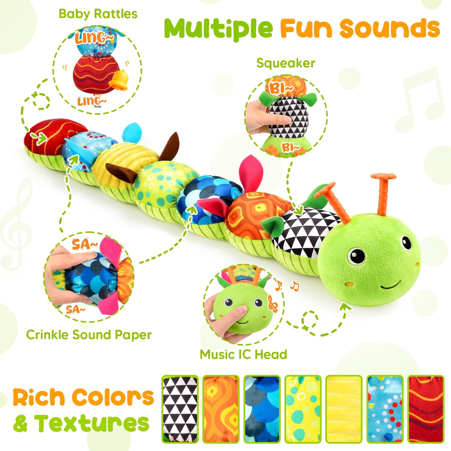 Baby Toys Musical Caterpillar, Infant Stuffed Animal for 0-6 6-12 Months with Crinkle and Rattles, Tummy Time Sensory Toys Newborn Boys Girls Gifts 0 3 6 9 12 Months - Green