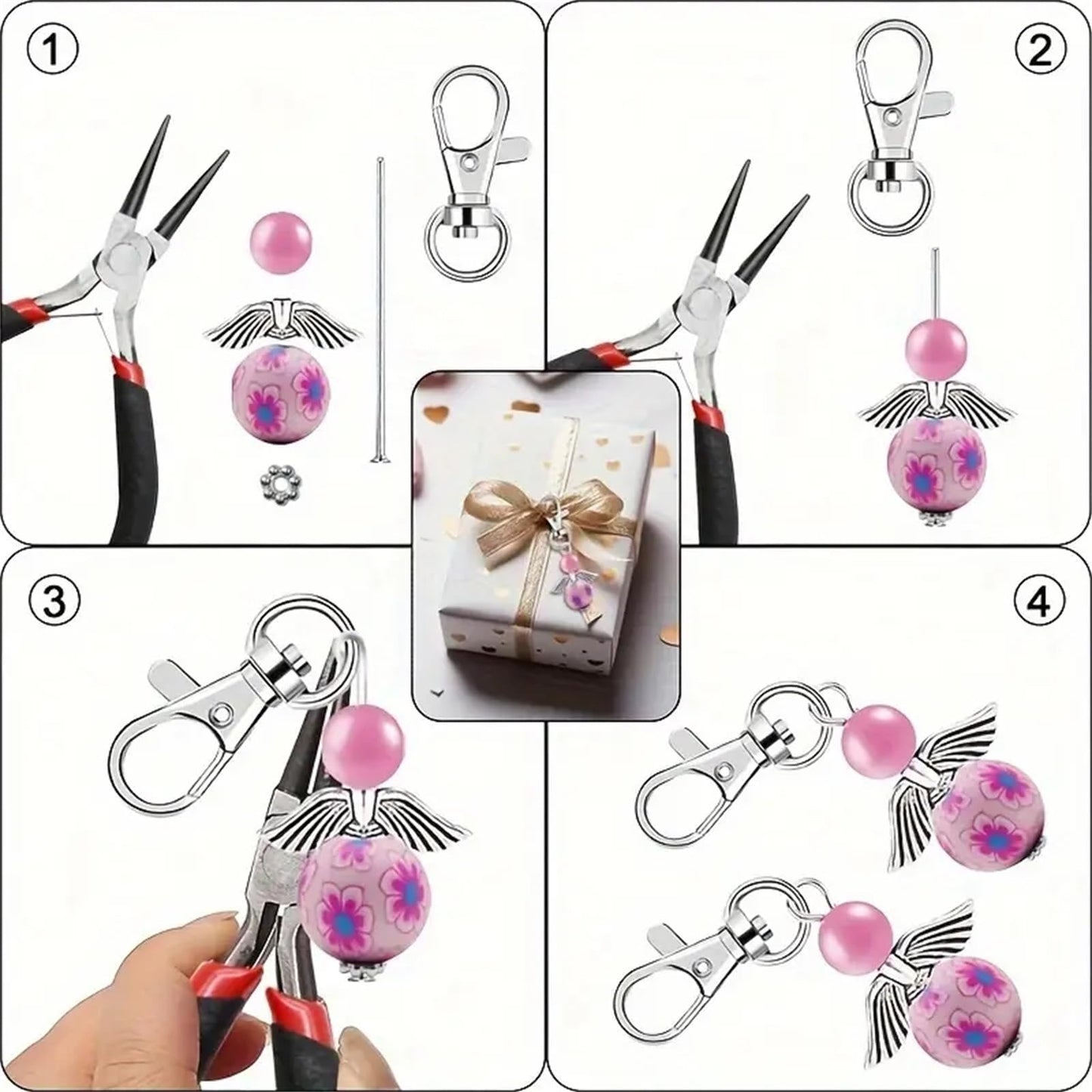180Pcs DIY Angel Pendant Keychains Kit Includes Alloy Wing Spacer Imitated Bead Pendant Lobster Buckle Claw Clasps and Pliers Jewelry Making Supplies Repair Tools Kit for Women Adults (Flowers Beads)