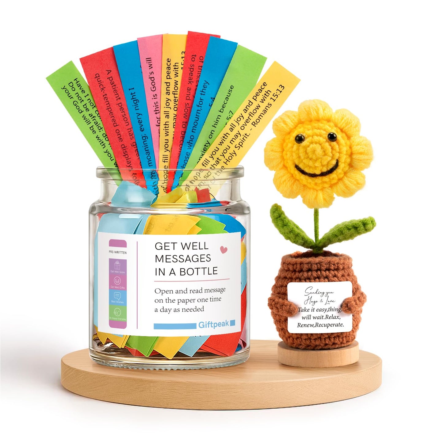 Bible Verse Jar,Christian Gifts Set, Get well Gifts with Scripture Messages, Knitted Sunflower, Greeting Card & Gift Box, Inspirational Religious Get well & Encouragement Gift for Women Men
